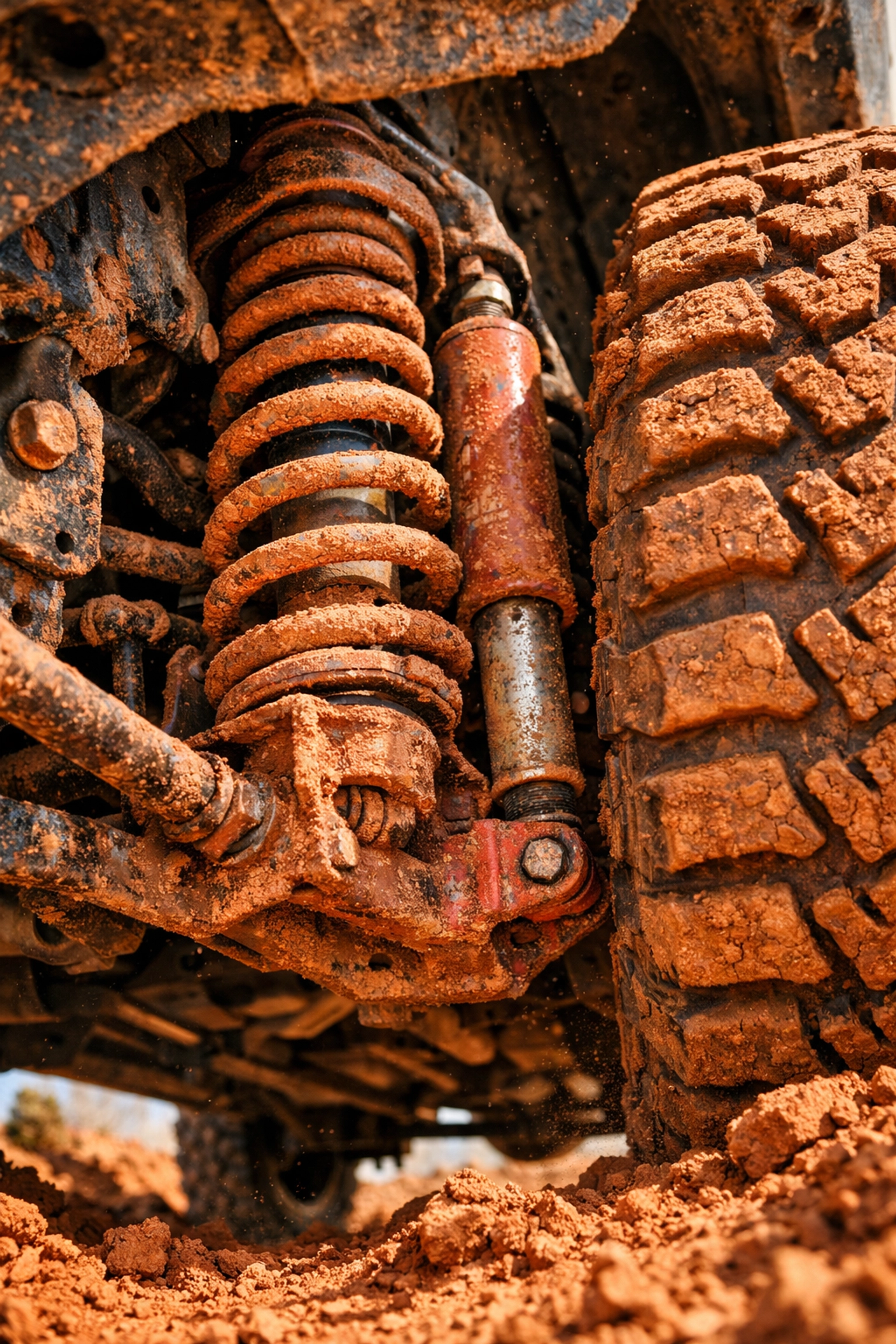 Close-up of heavy-duty 4x4 truck suspension and shock absorbers ready for Central Oregon terrain.