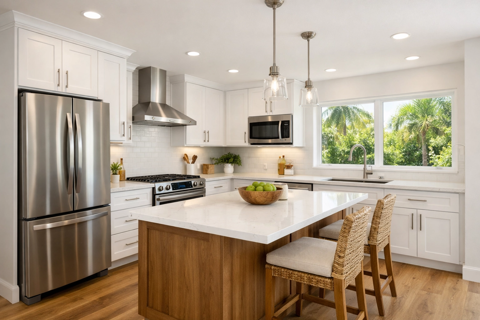 Modern renovated Orlando kitchen with white cabinets and energy-efficient design