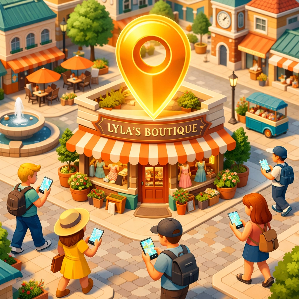 Local SEO map pin highlighting a small business storefront in a busy town square.