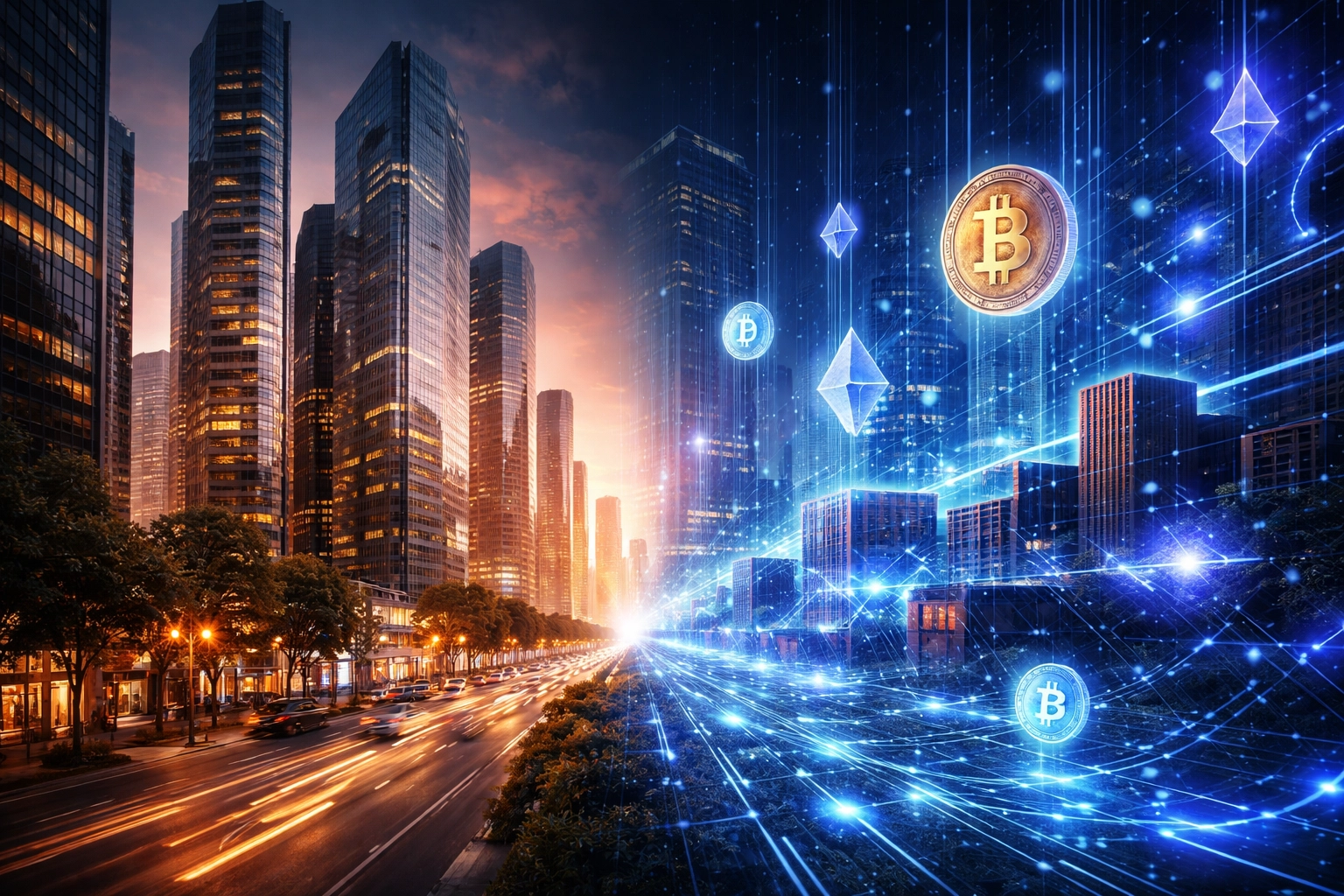 City skyline blending with digital blockchain symbols representing the integration of real estate and cryptocurrency investments