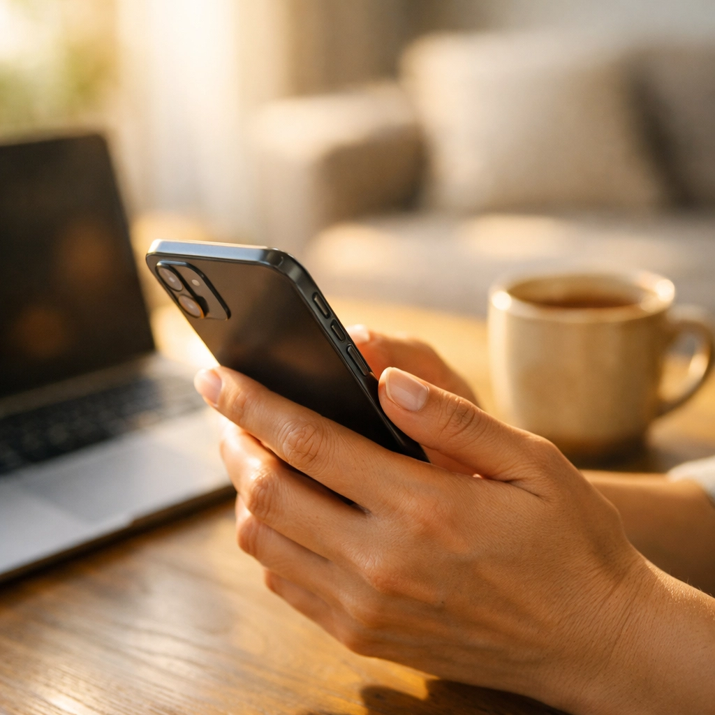 Person applying for a no credit check loan canada on a smartphone in a bright living room.
