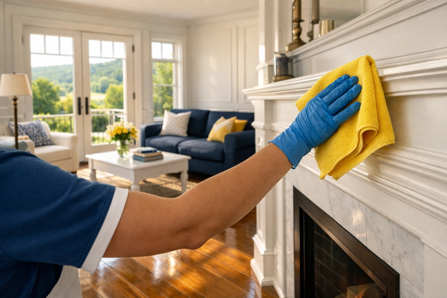 Professional house cleaner hand-wiping a mantle during a deep cleaning in Marlborough home.