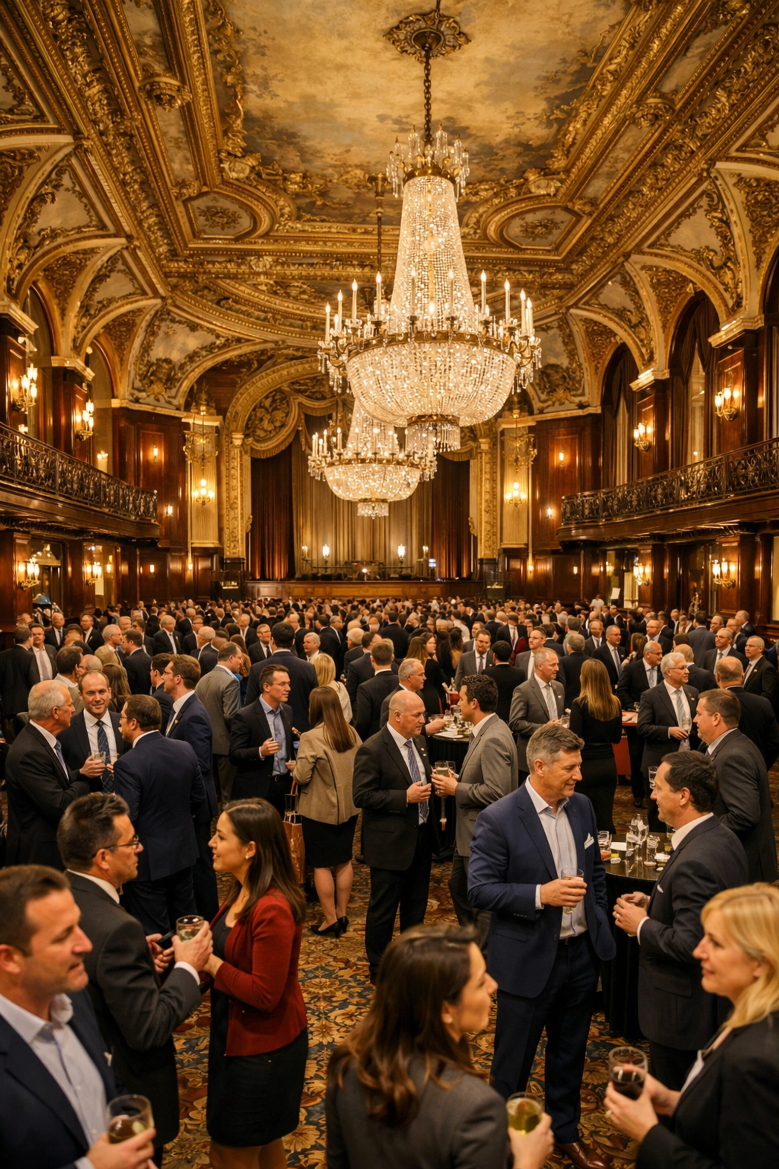Business event photography capturing corporate networking inside an elegant Chicago hotel ballroom.