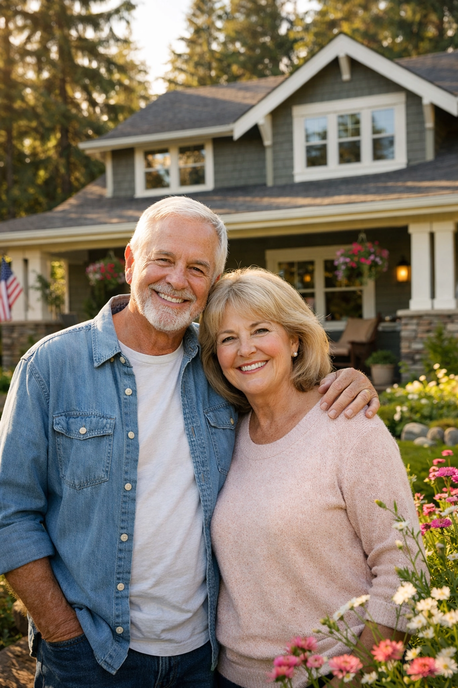 Happy senior couple at their Washington home considering reverse mortgage options