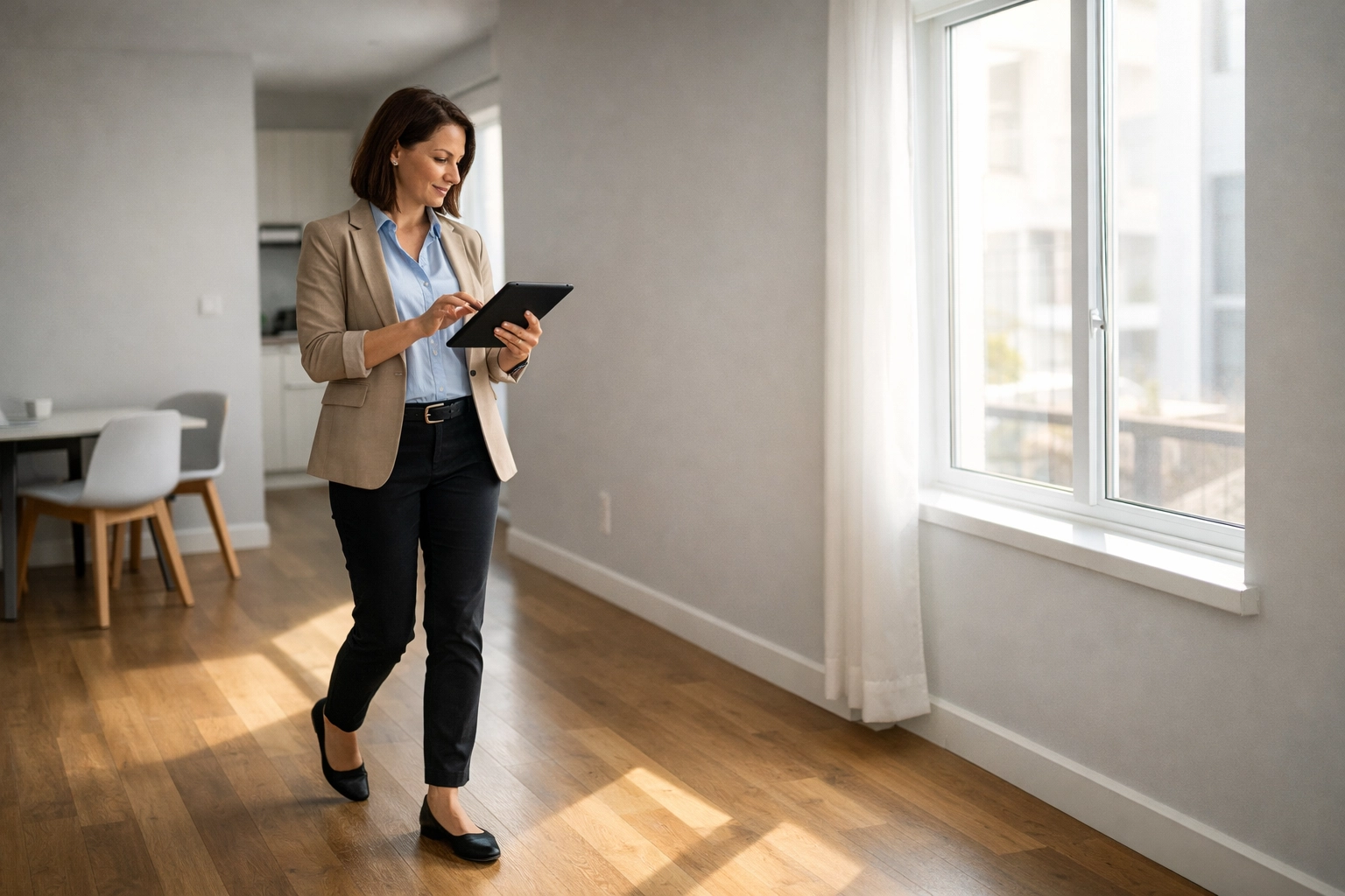 Property manager inspecting apartment unit with tablet during make-ready turnover checklist