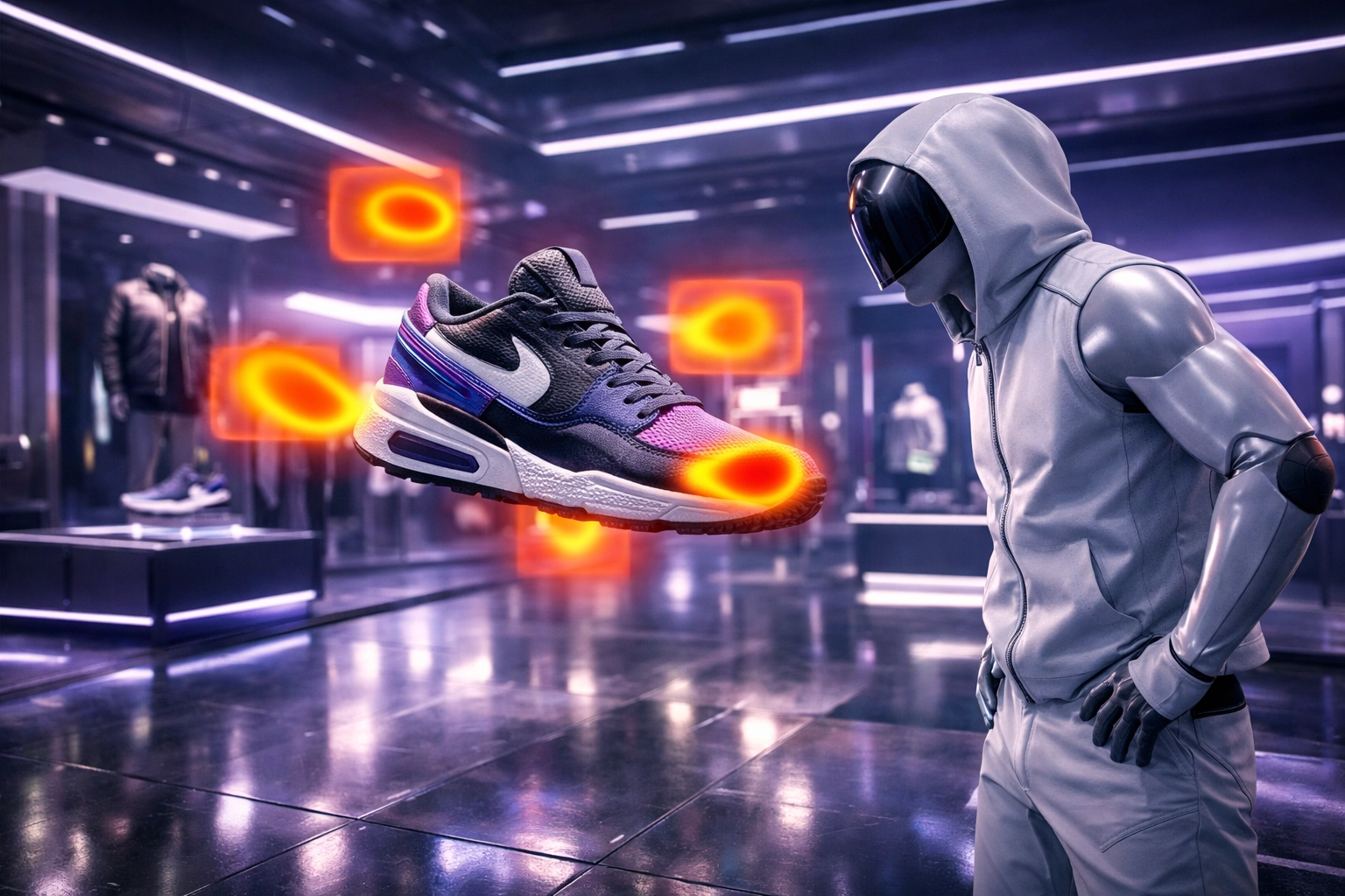 Metaverse retail store analytics showing AI gaze tracking heatmaps on digital products for merchants.