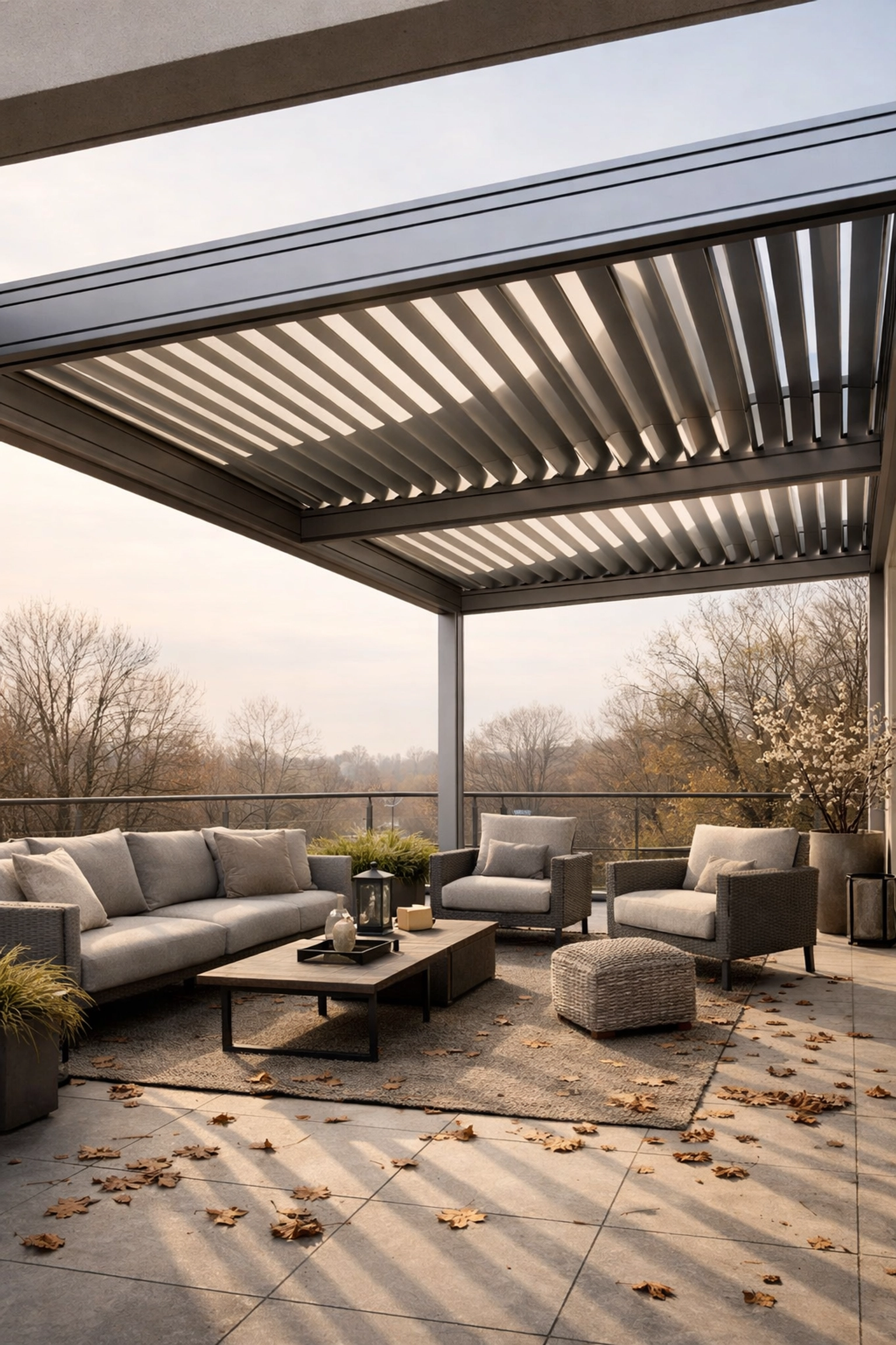 Ganzjährig nutzbare Terrasse mit Faltdach-System im Herbst