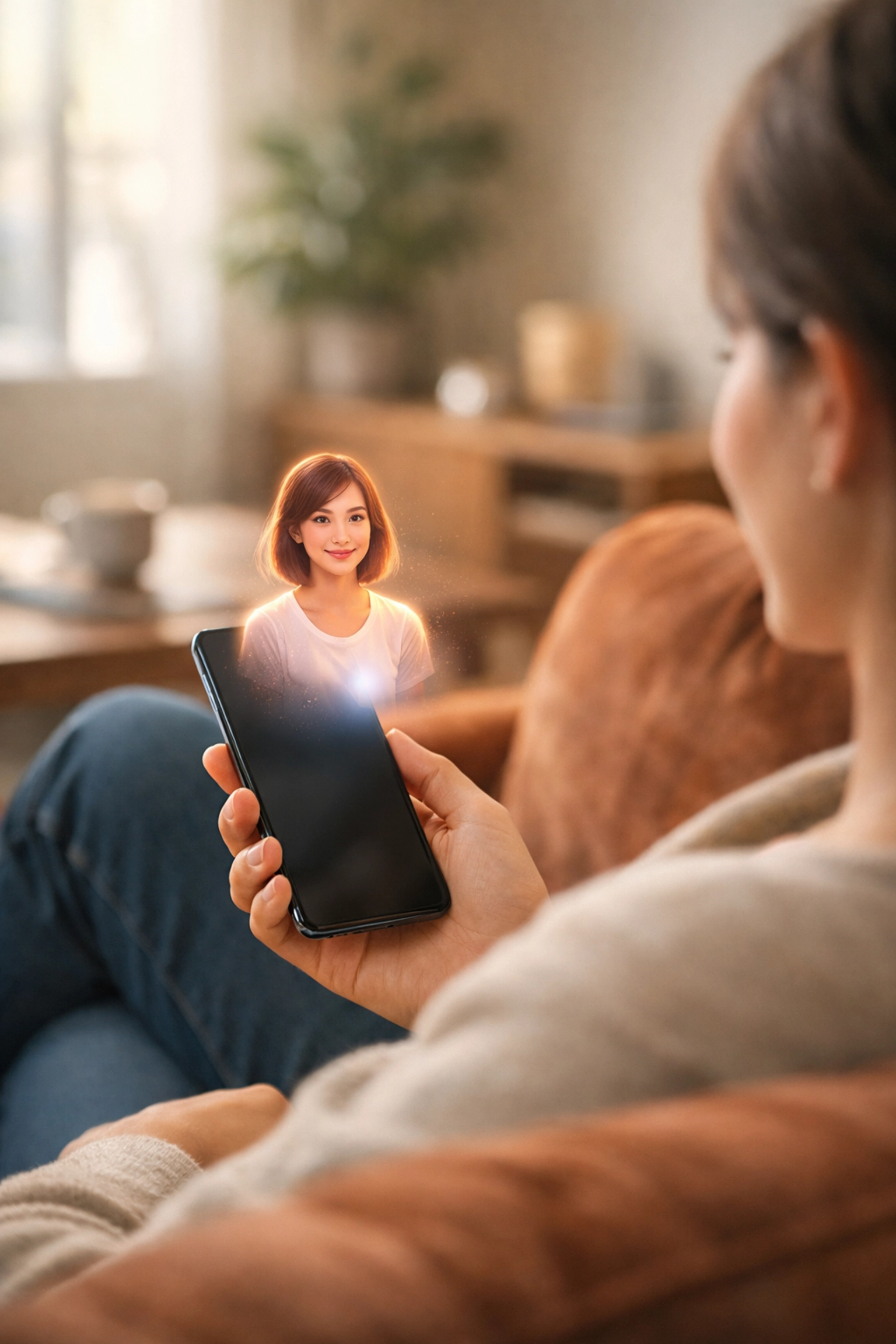 Person chatting with a friendly AI financial advisor on a smartphone in a bright living room.