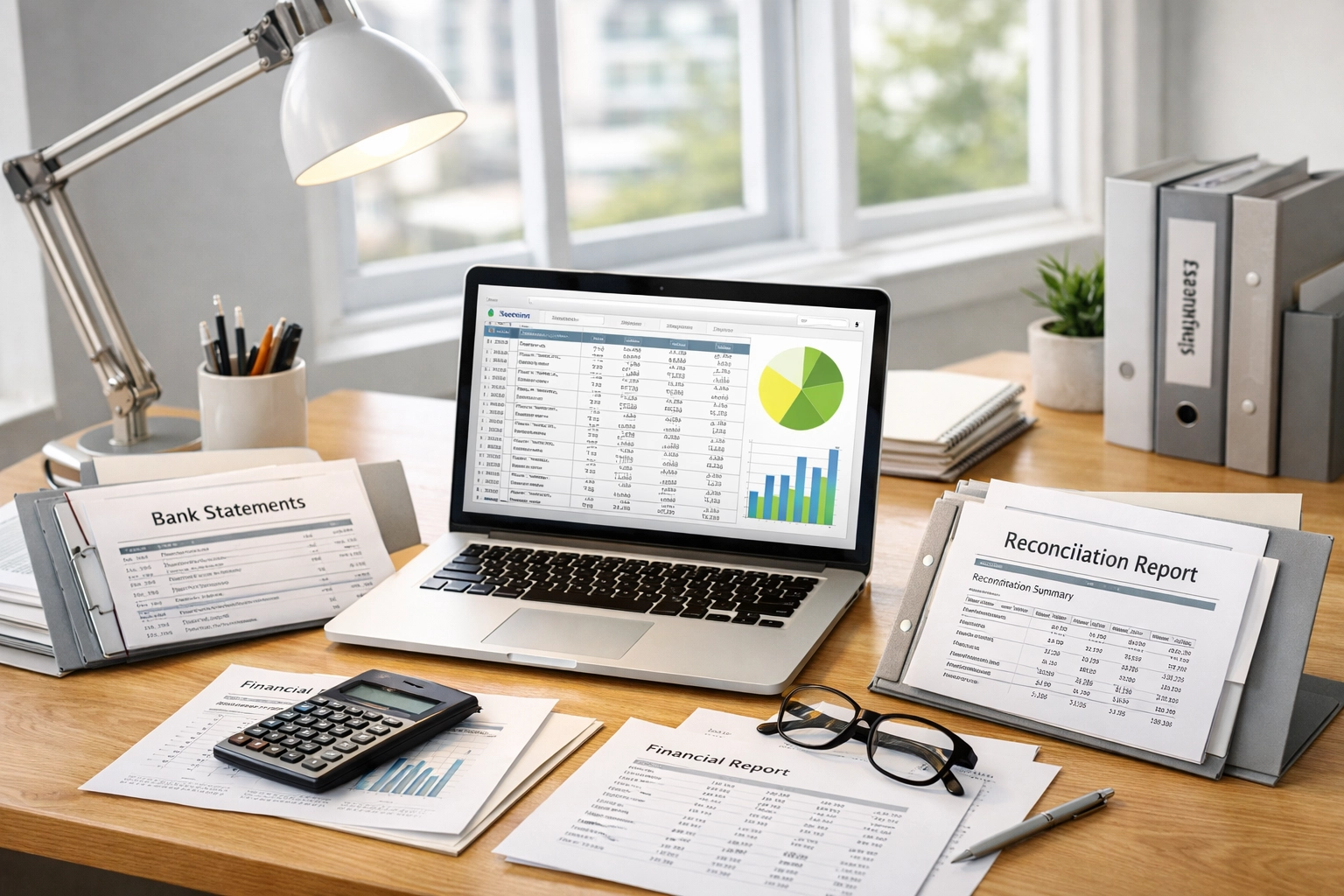 Business workspace with laptop displaying financial spreadsheet and bank statements