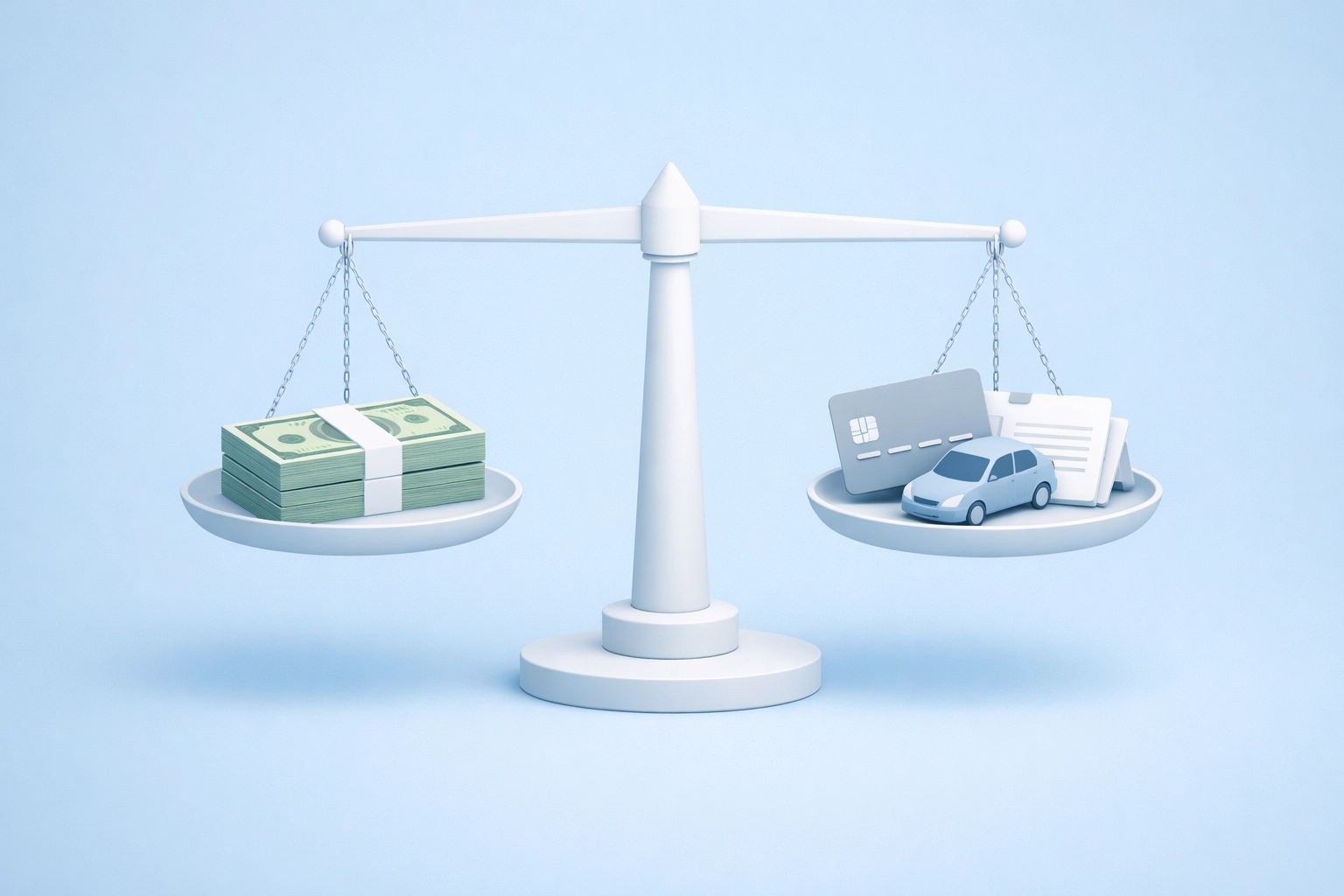 Balanza equilibrando ingresos y deudas para calcular capacidad de préstamo hipotecario