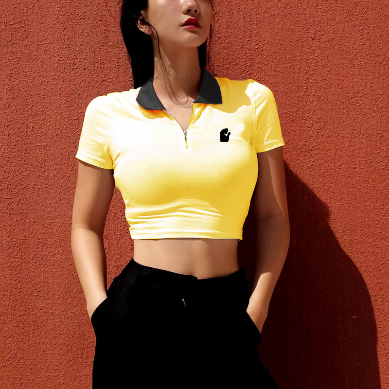 Stop traffic and own the street in our bold yellow and red zip-up crop polos, designed for maximum confidence.