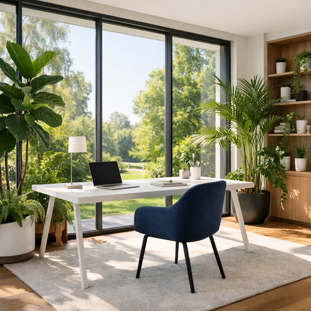 Sunlit office with pristine air quality and no dust particles thanks to HEPA vacuum filtration.