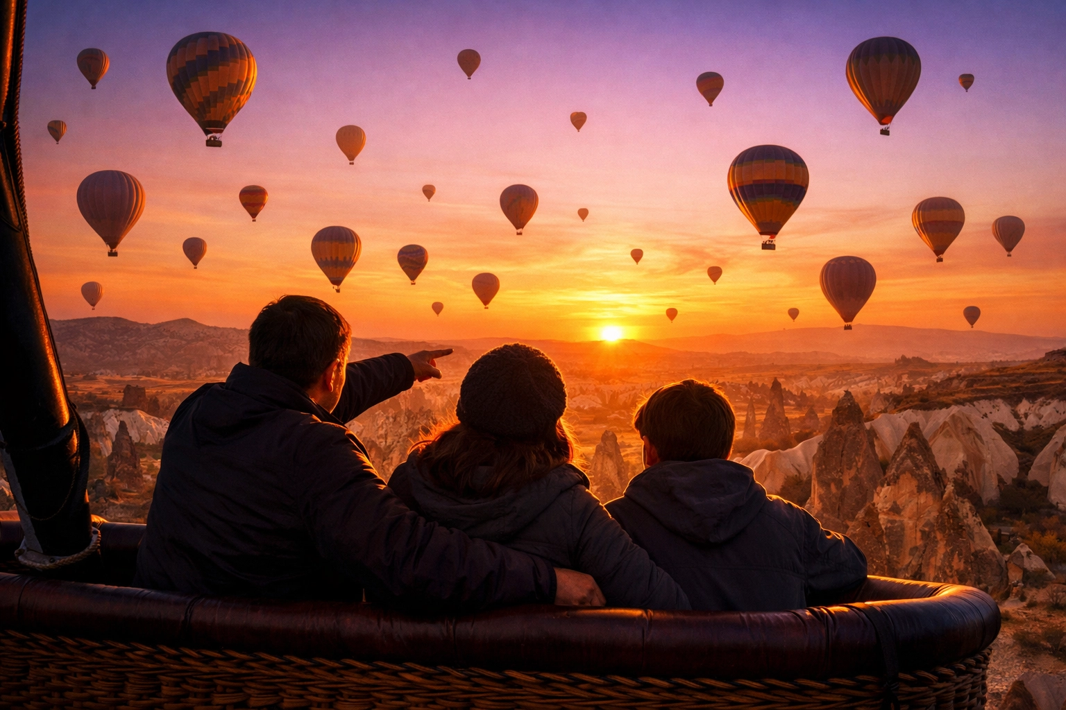 Family viewing a sunrise in Cappadocia from a hot air balloon, one of the best photography locations.