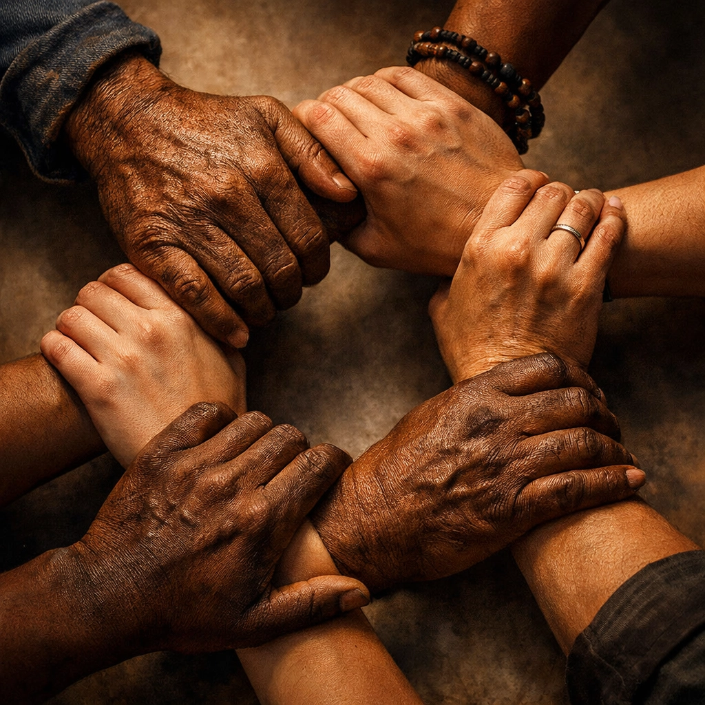 Diverse hands joined in prayer circle for community support and unity