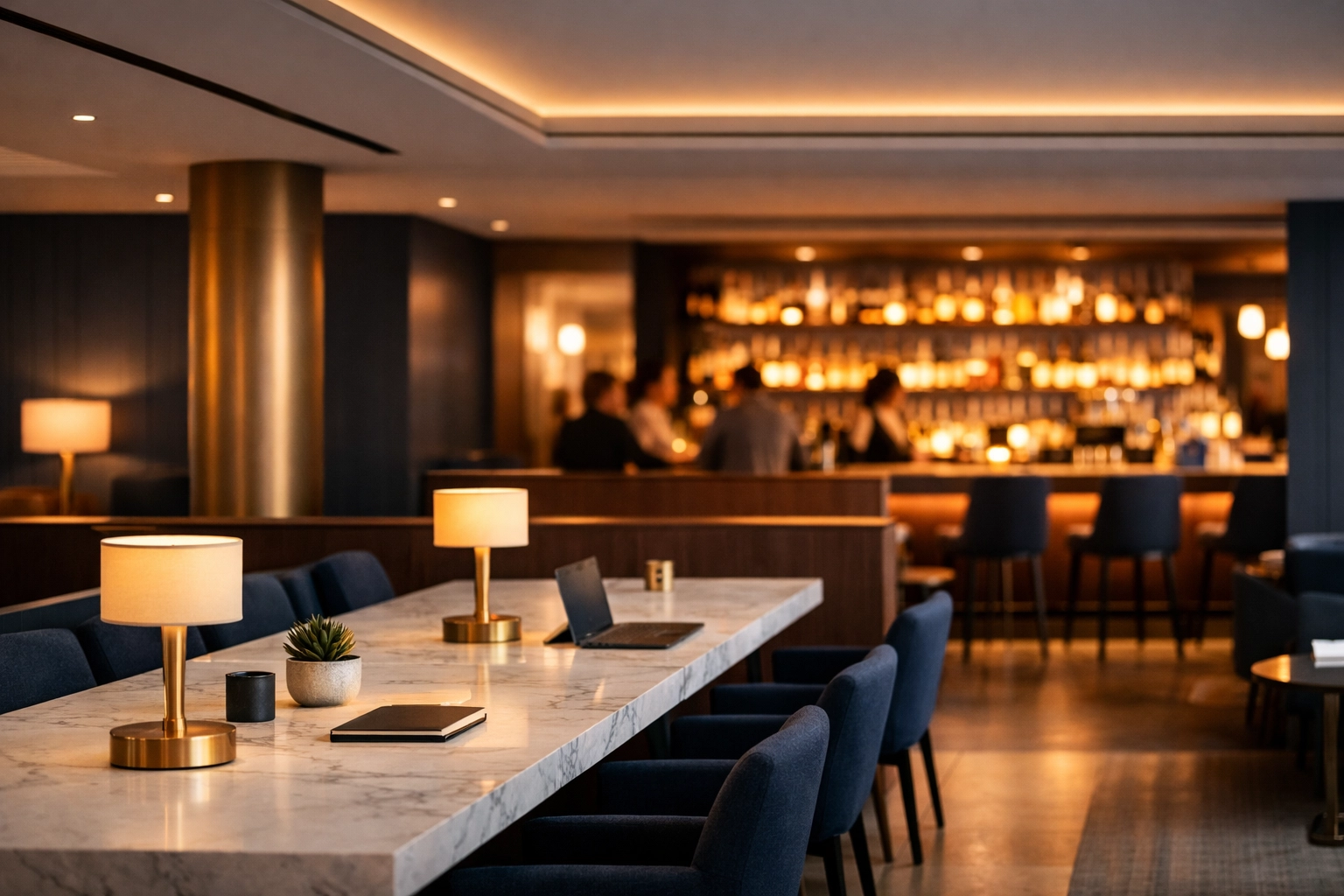 Multi-functional hotel co-working space reflecting 2026 hospitality trends and diverse revenue.