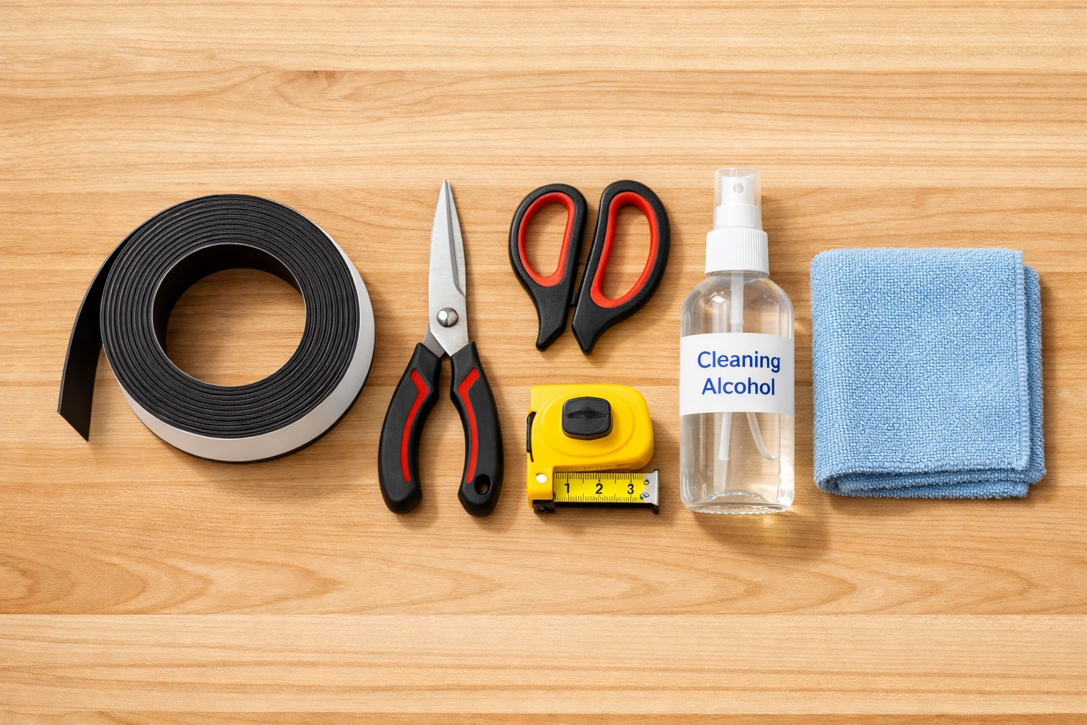 DIY secondary glazing installation kit including magnetic tape, measuring tape, and cleaning tools.