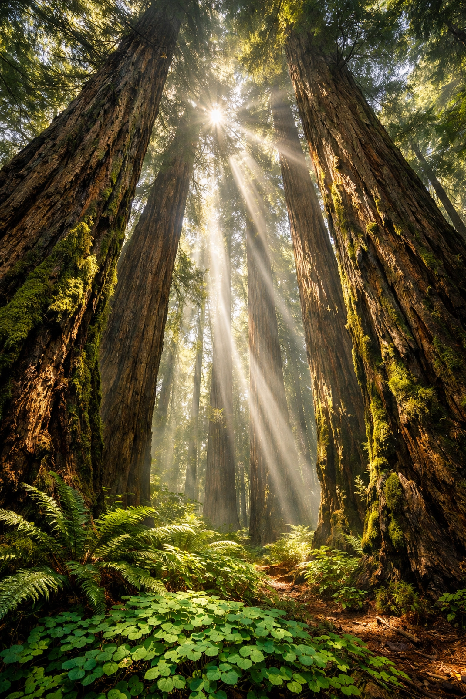 Sunbeams filter through ancient Redwood trees, creating magical lighting for forest photography spots.