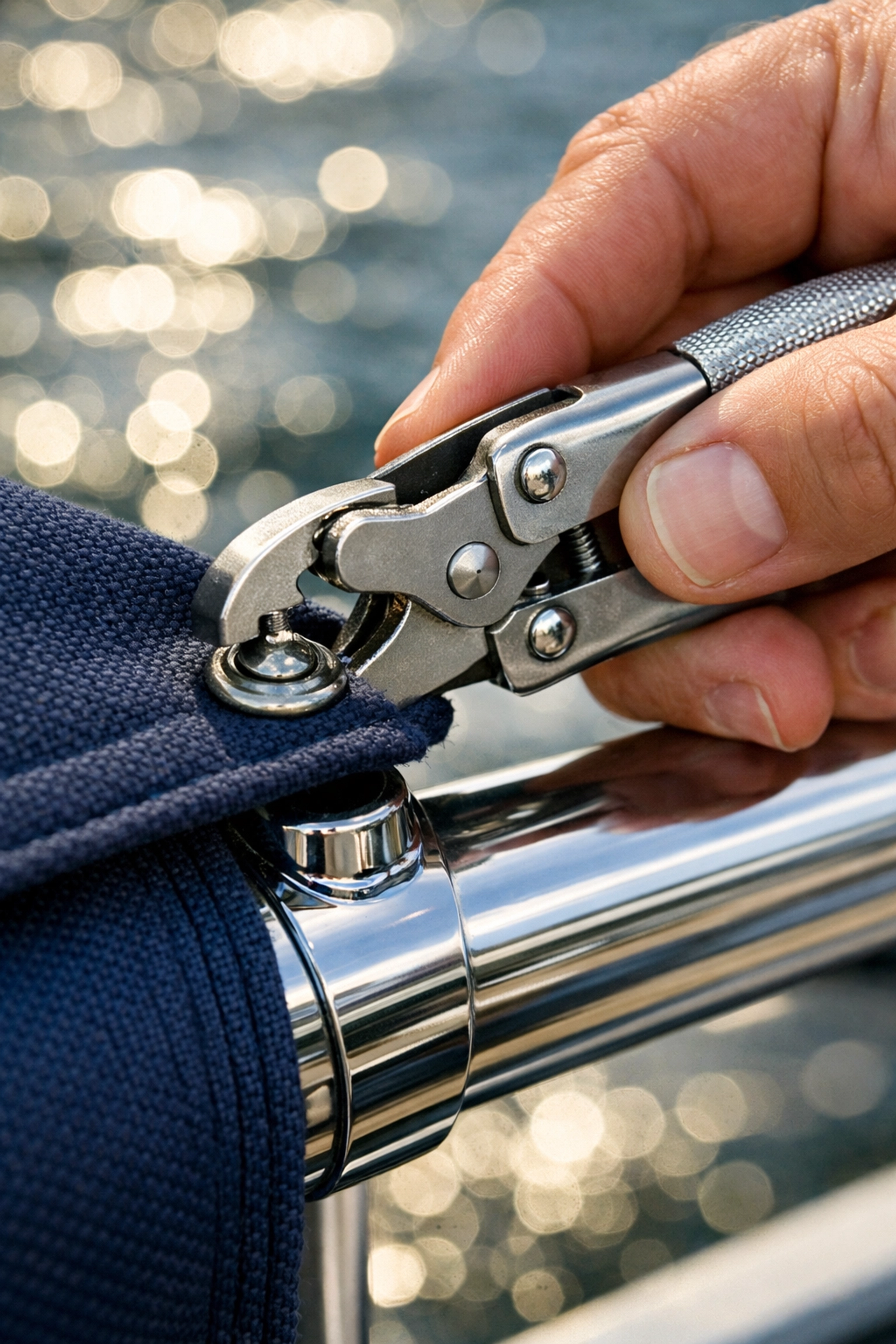 Hand using a marine snap tool to attach a navy blue pontoon boat cover to a polished chrome rail.