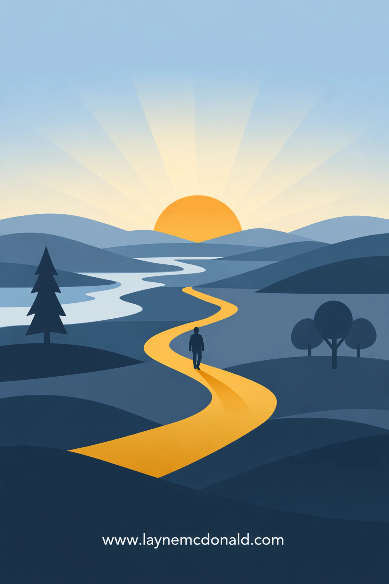 Winding spiritual journey path leading toward sunrise with lone traveler walking forward