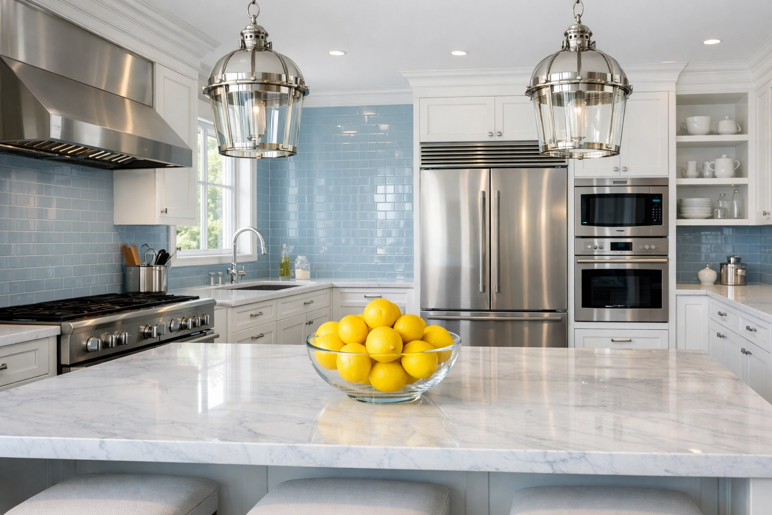 A spotless modern kitchen with marble counters after a high-quality Bi-Weekly Maid Service Brookline.