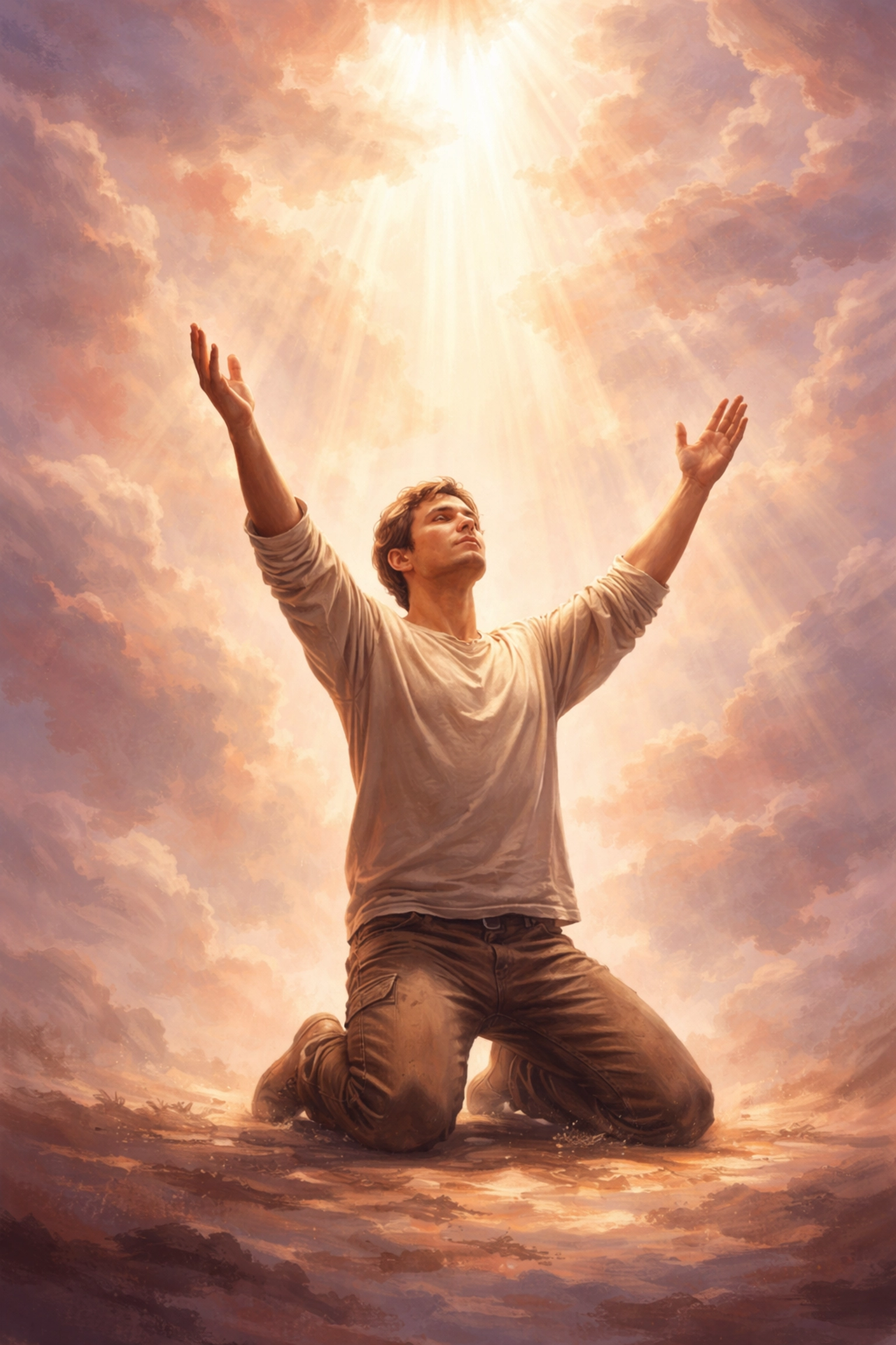 Person kneeling with arms raised, embodying bold healing prayer and faith in spiritual restoration
