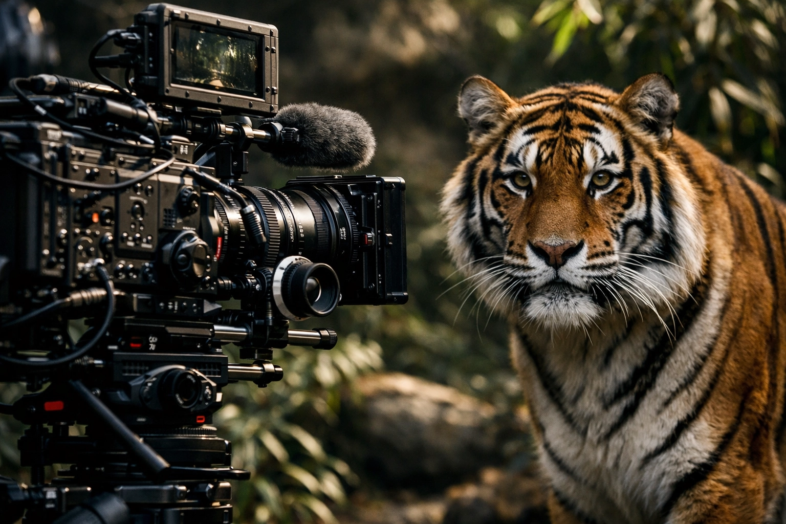 Professional video camera filming a tiger for high-definition digital marketing and emotional brand storytelling.