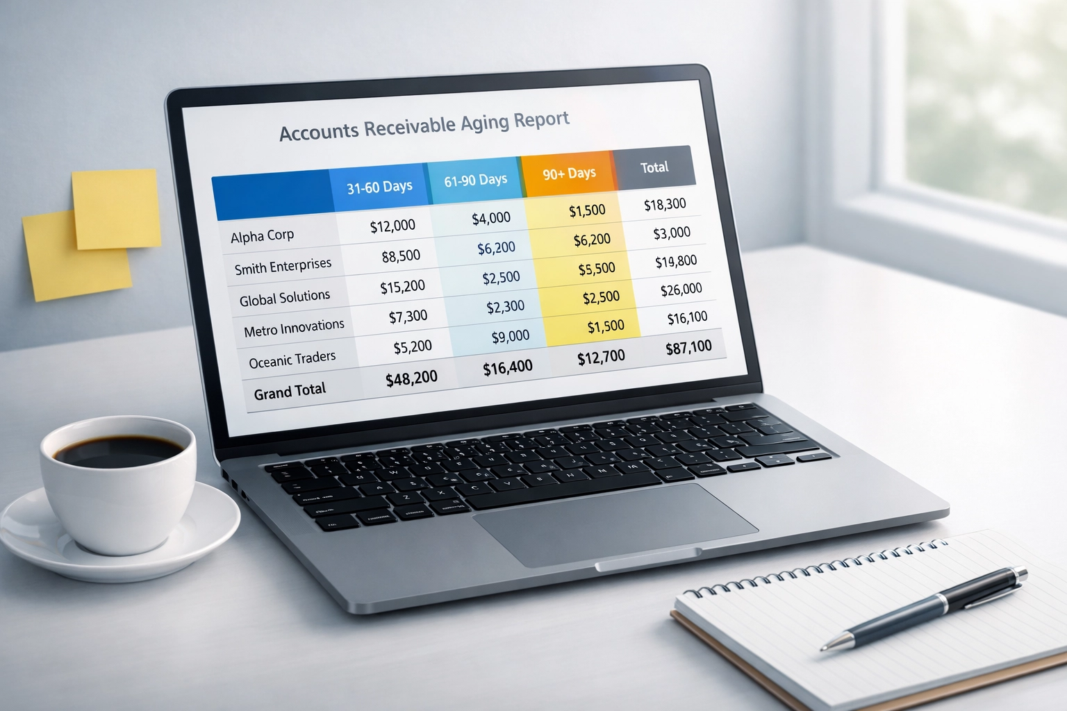 Accounts receivable aging report displayed on laptop showing 30-day invoice aging categories