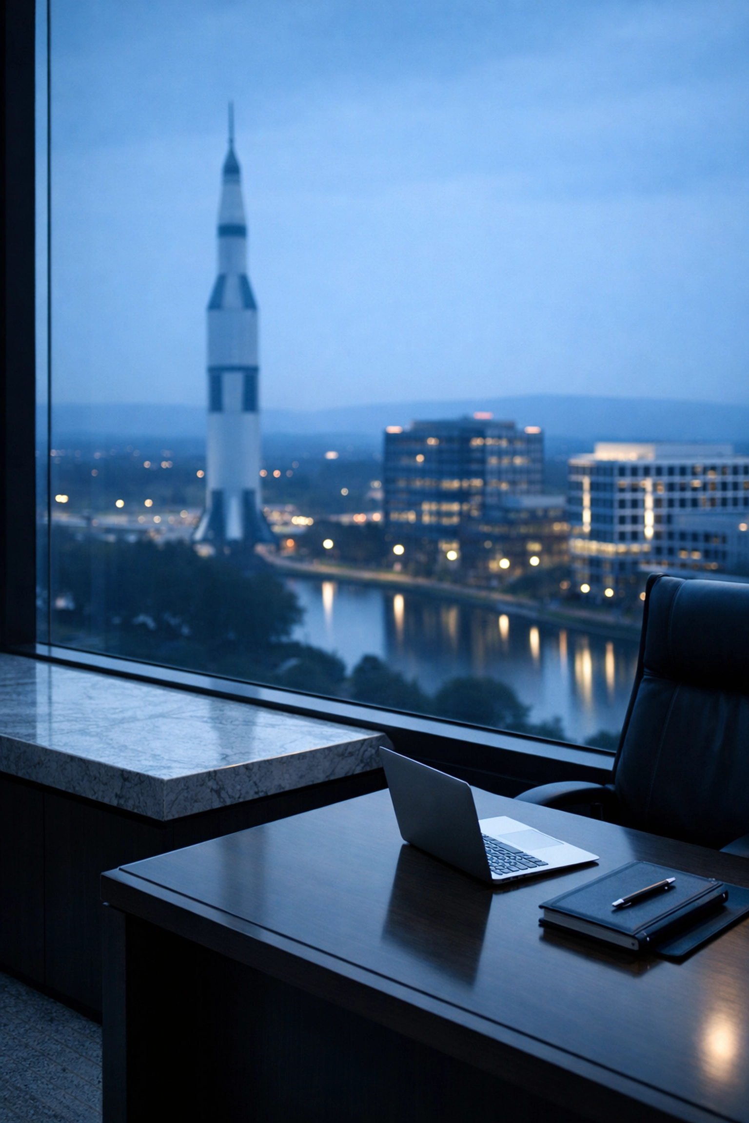 A modern Huntsville executive office overlooking the Saturn V rocket and research park.