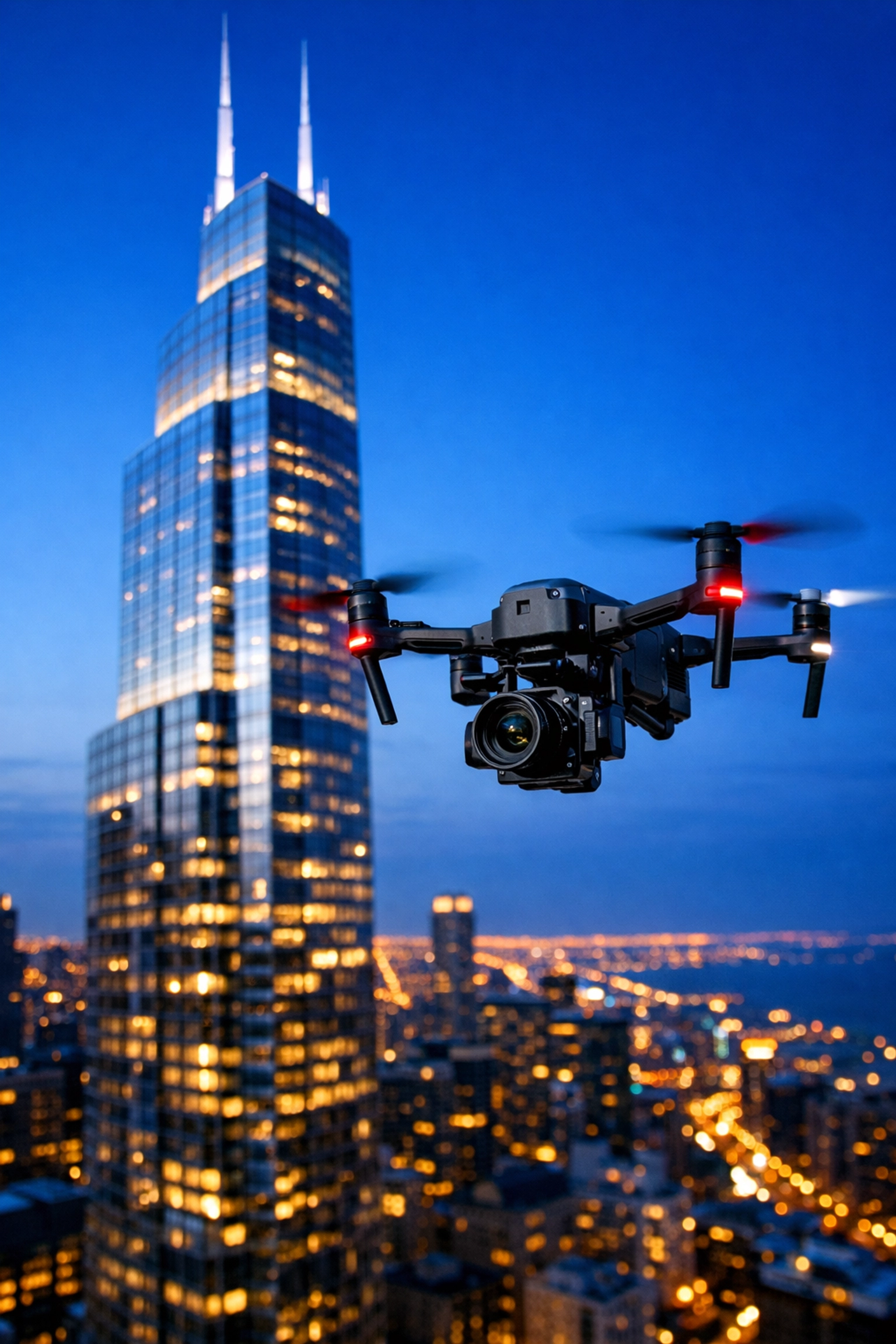 Professional drone capturing architectural photography of a Chicago skyscraper at twilight.