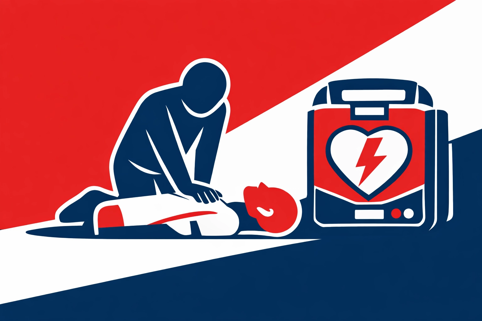 First Aid at Work training showing CPR and AED use on a manikin for emergency response.