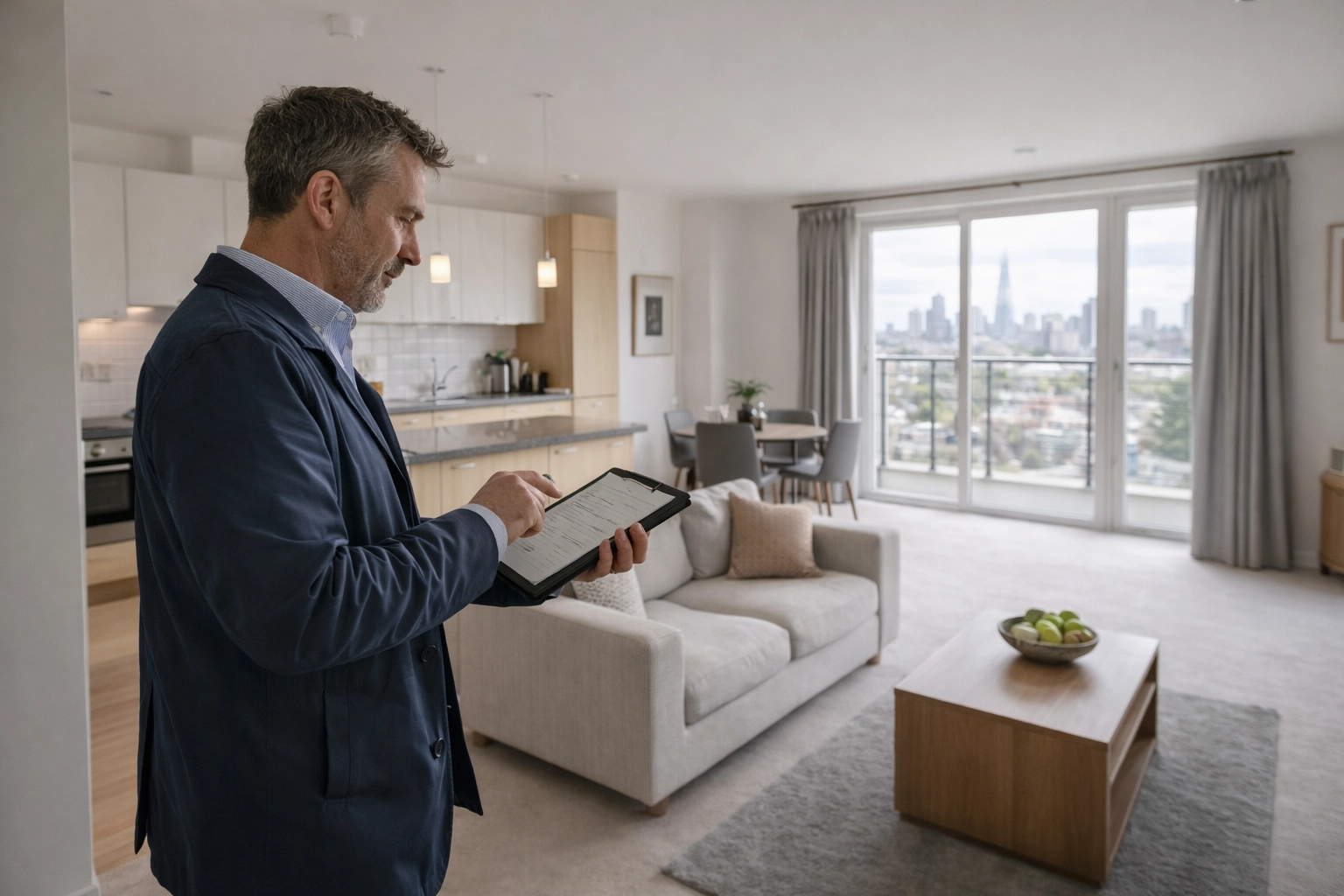 On-site photo of a residential surveyor reviewing notes for a shared ownership valuation in a South East London flat