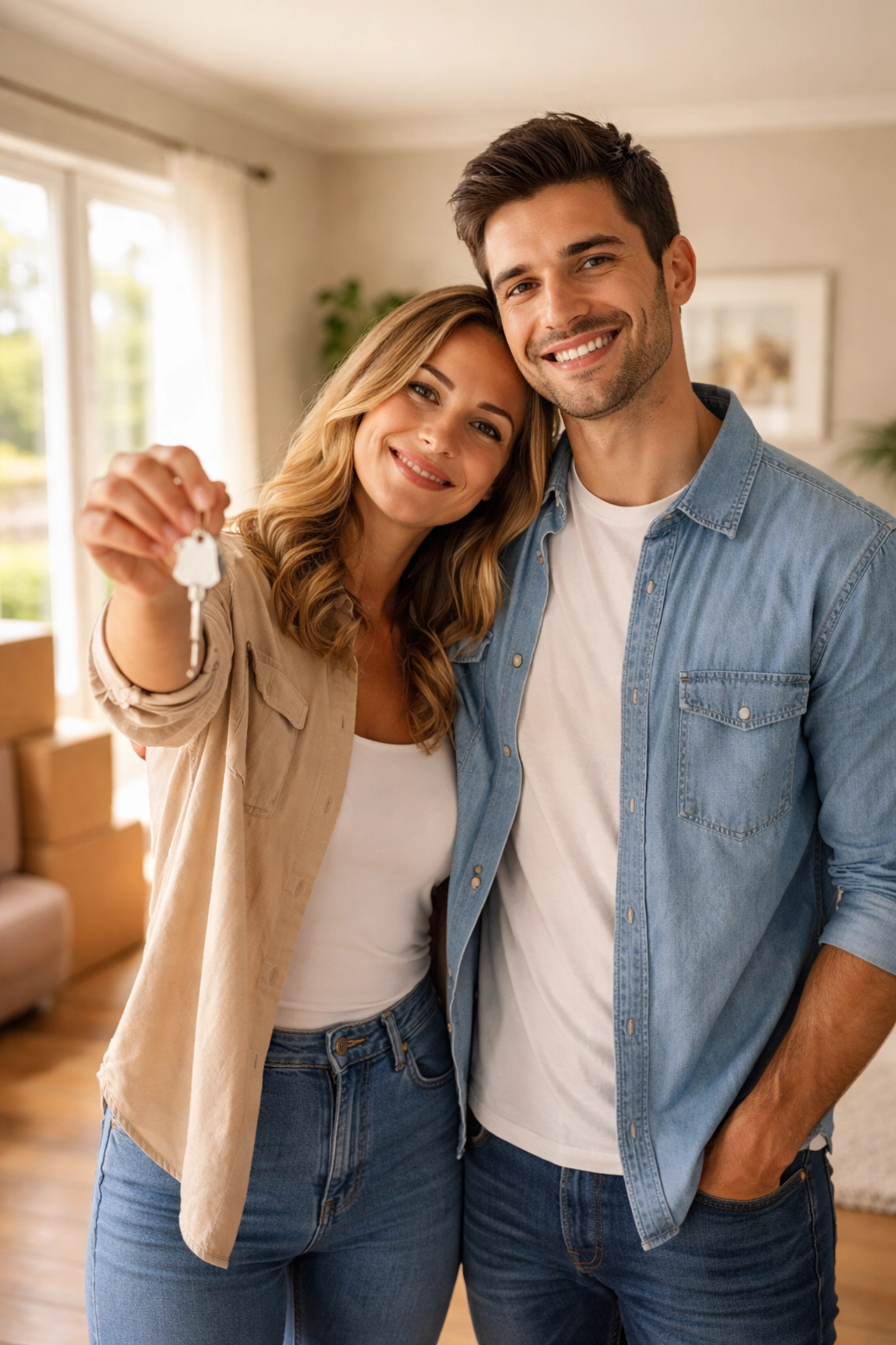 Young couple smiling while holding house keys in sunlit living room, symbolizing buyer confidence and home warranty peace of mind