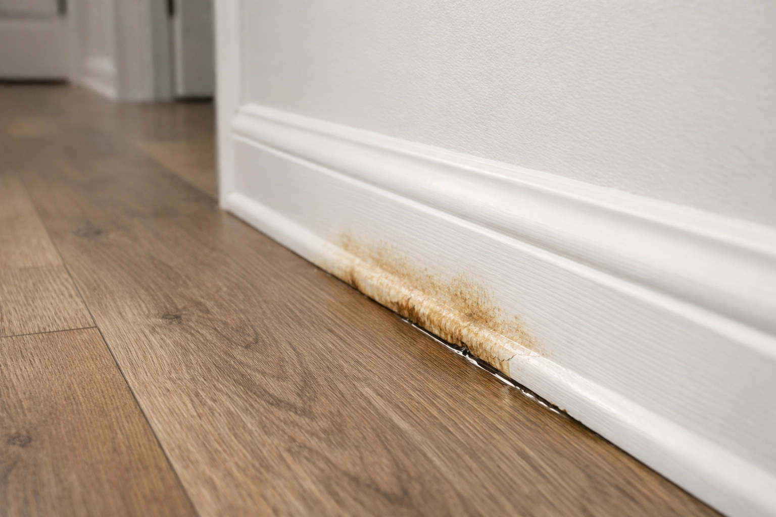Moisture staining on home baseboards indicating water damage from a potential under-slab plumbing leak.