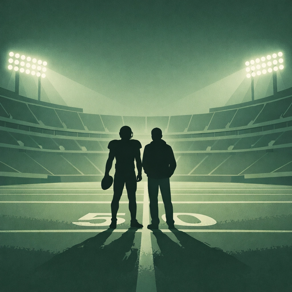Gay couple stands together on illuminated football field at night - coming out victory in MM sports romance