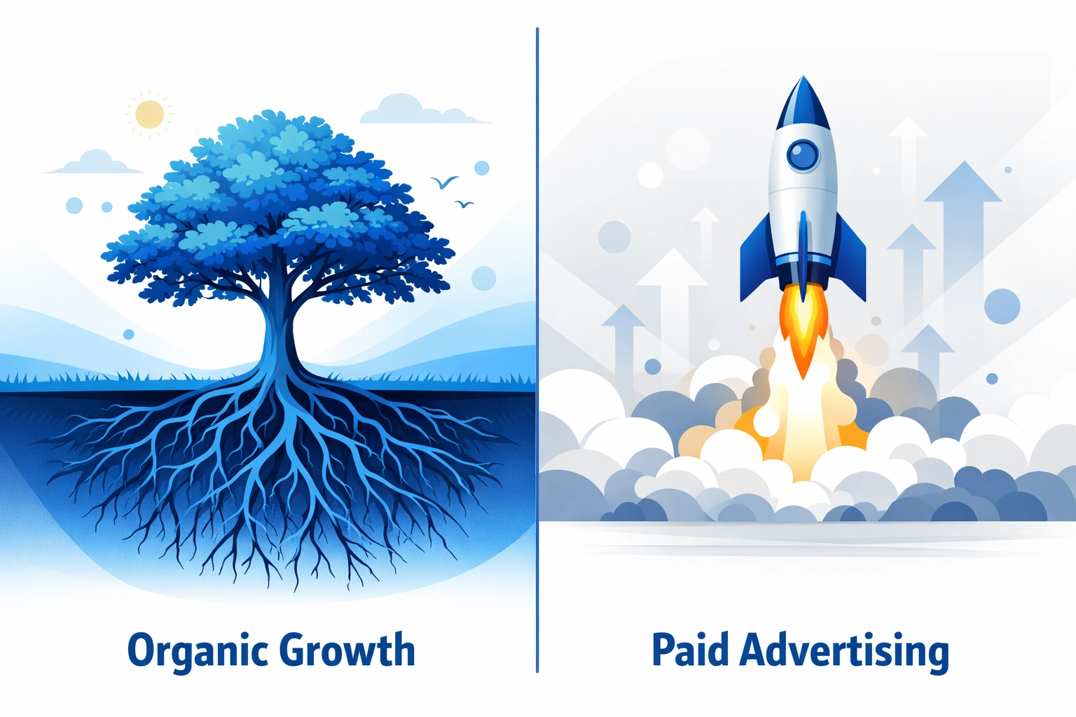 Organic SEO growth vs paid advertising speed comparison illustration