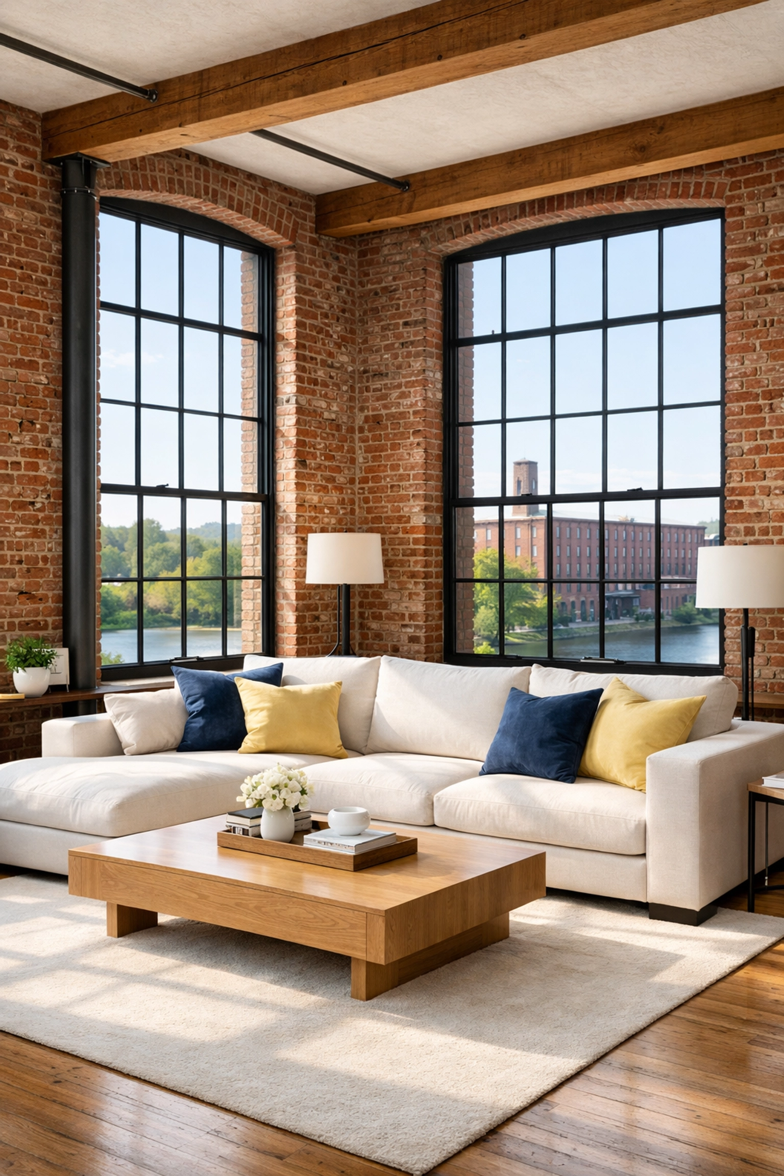 Pristine modern loft living room in Lowell MA featuring a clean interior after professional house cleaning.