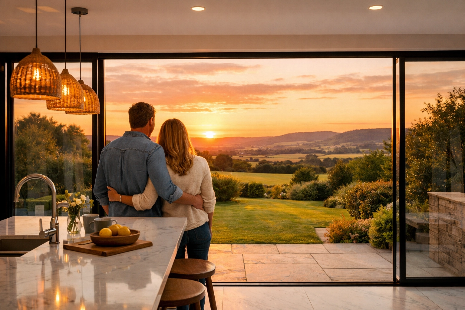 Couple in a modern Gloucestershire home overlooking hills, assisted by estate agents in South Gloucestershire.