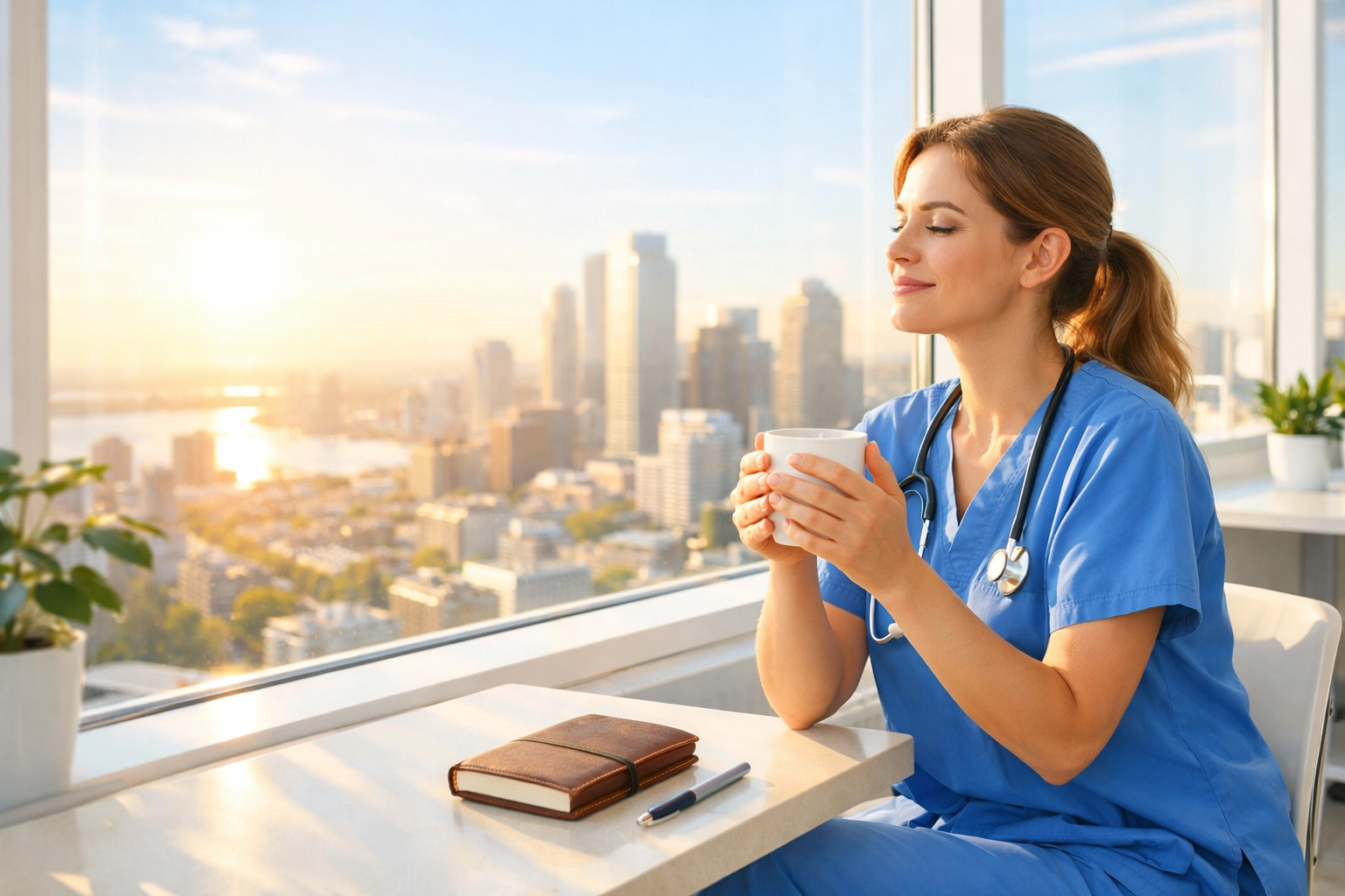 Healthcare worker in scrubs reflecting in a hospital breakroom during a night shift.