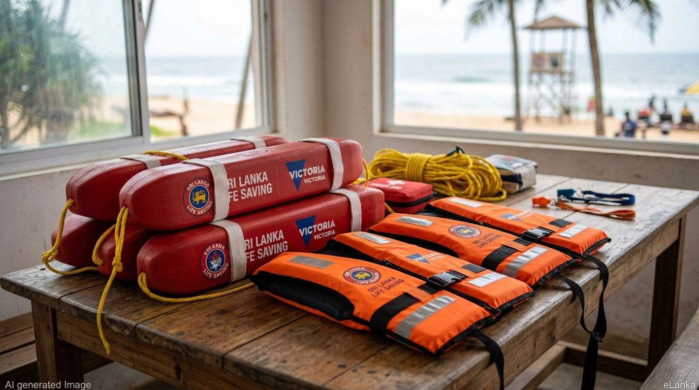 Close-up of rescue boards and lifejackets donated to Sri Lanka
