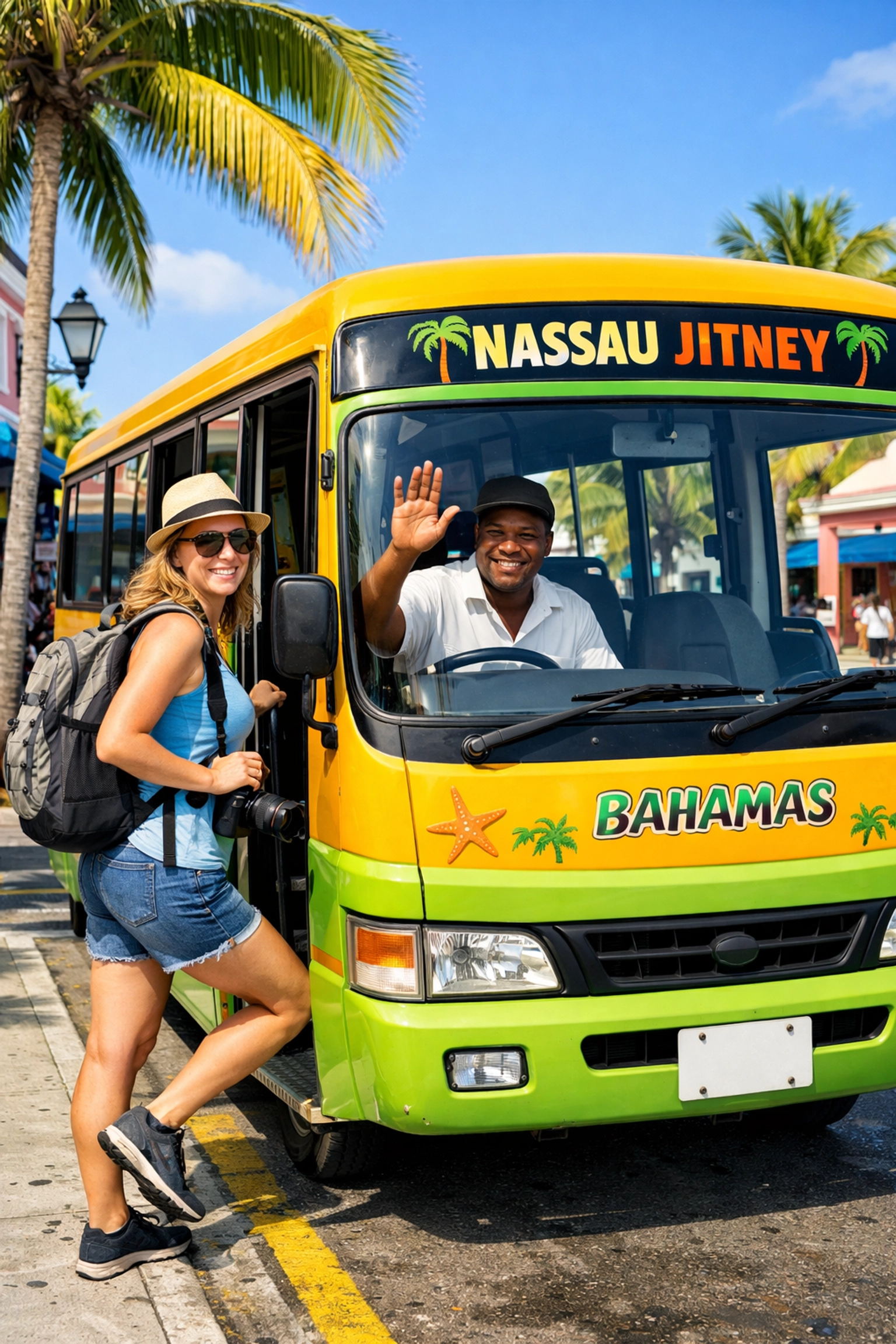 A vibrant yellow and green Bahamian Jitney bus picks up a traveler on a sunny Nassau street.