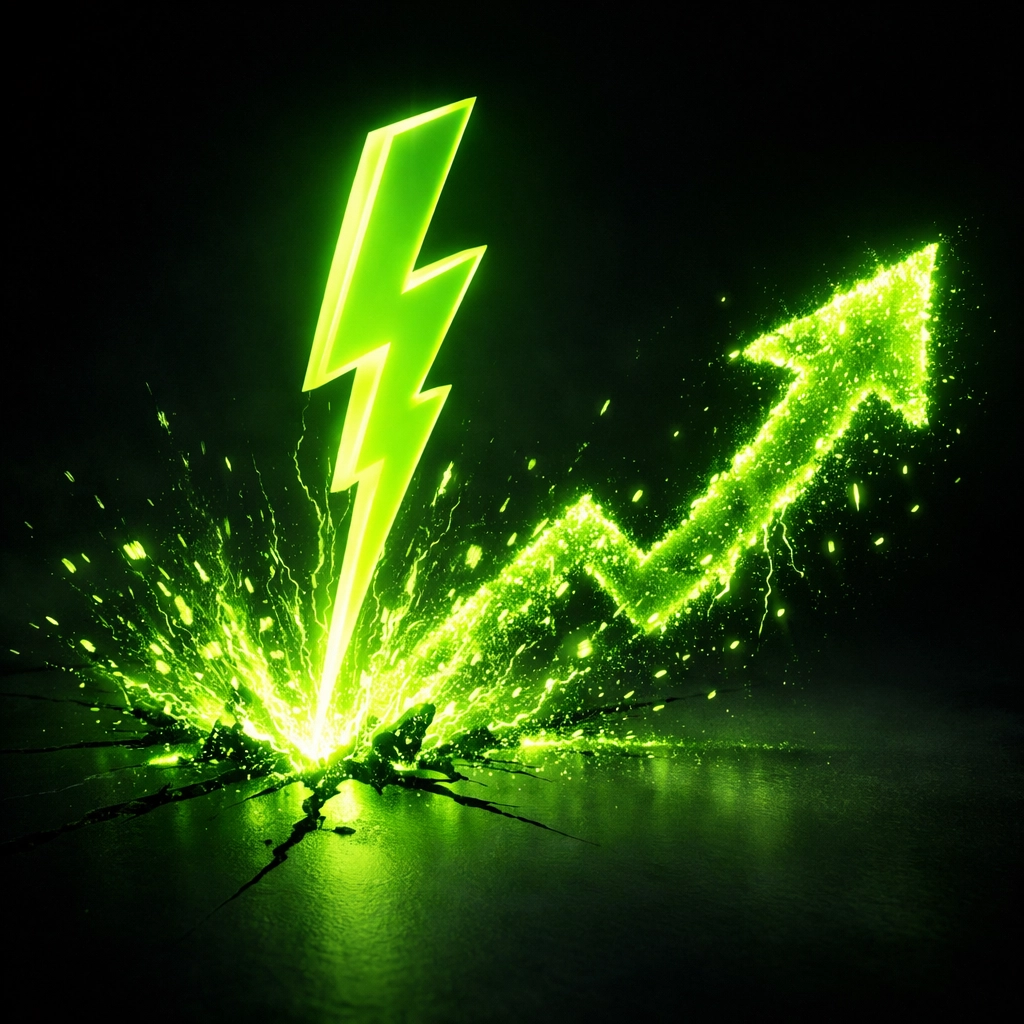 Neon green lightning bolt forming a growth arrow for electrical service business ROI and marketing.