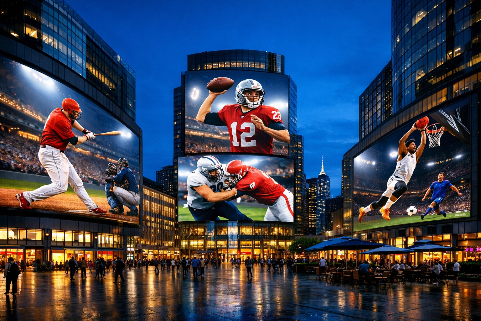 Synchronized digital sports screens in a vibrant city square showcasing programmatic DOOH reach.