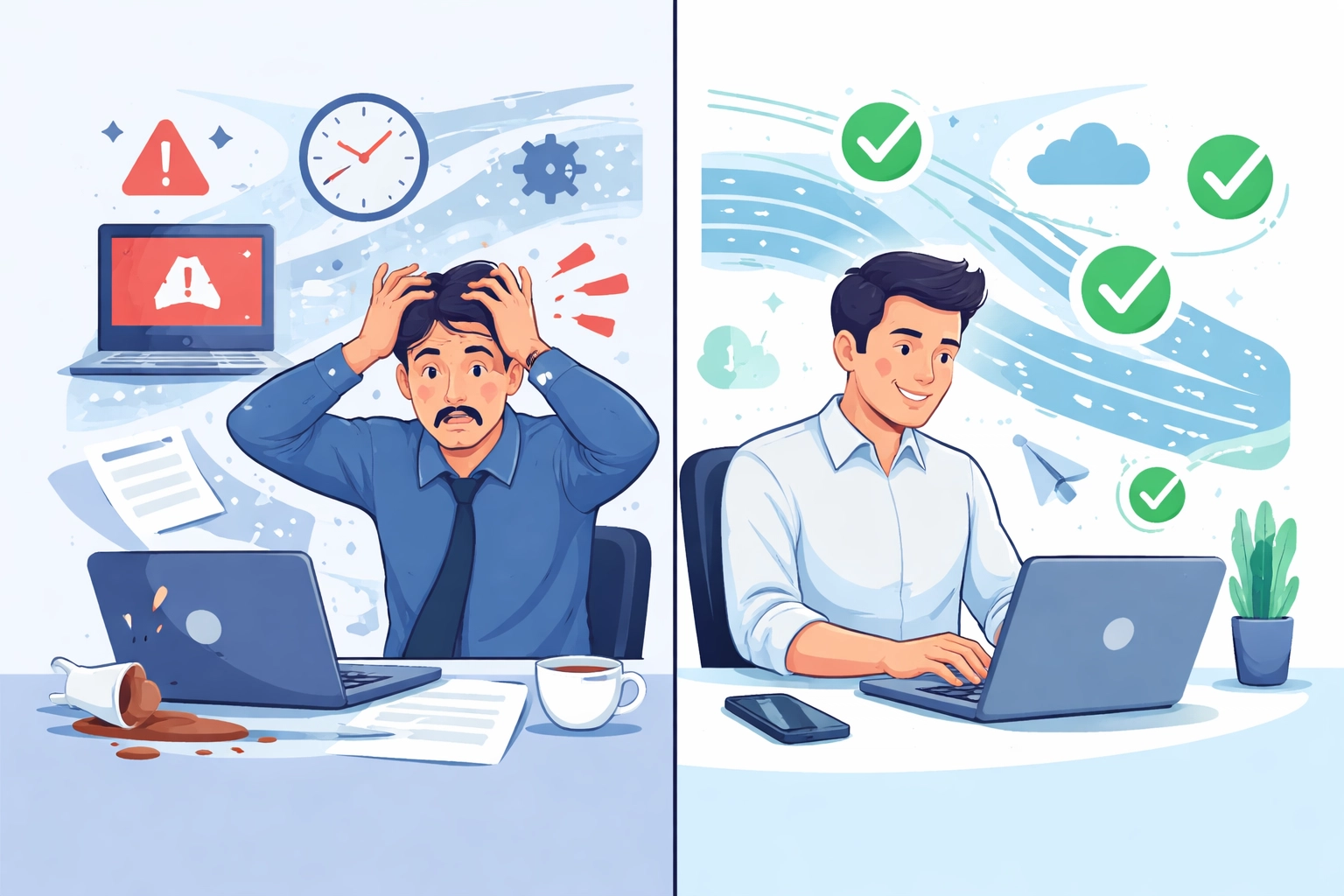 Split-screen of stressed vs calm professional, visualizing proactive vs reactive IT support for Michigan businesses