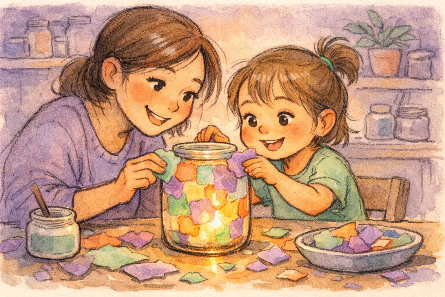 A parent and child creating a glowing paper lantern as a hands-on faith activity to learn about God's light.