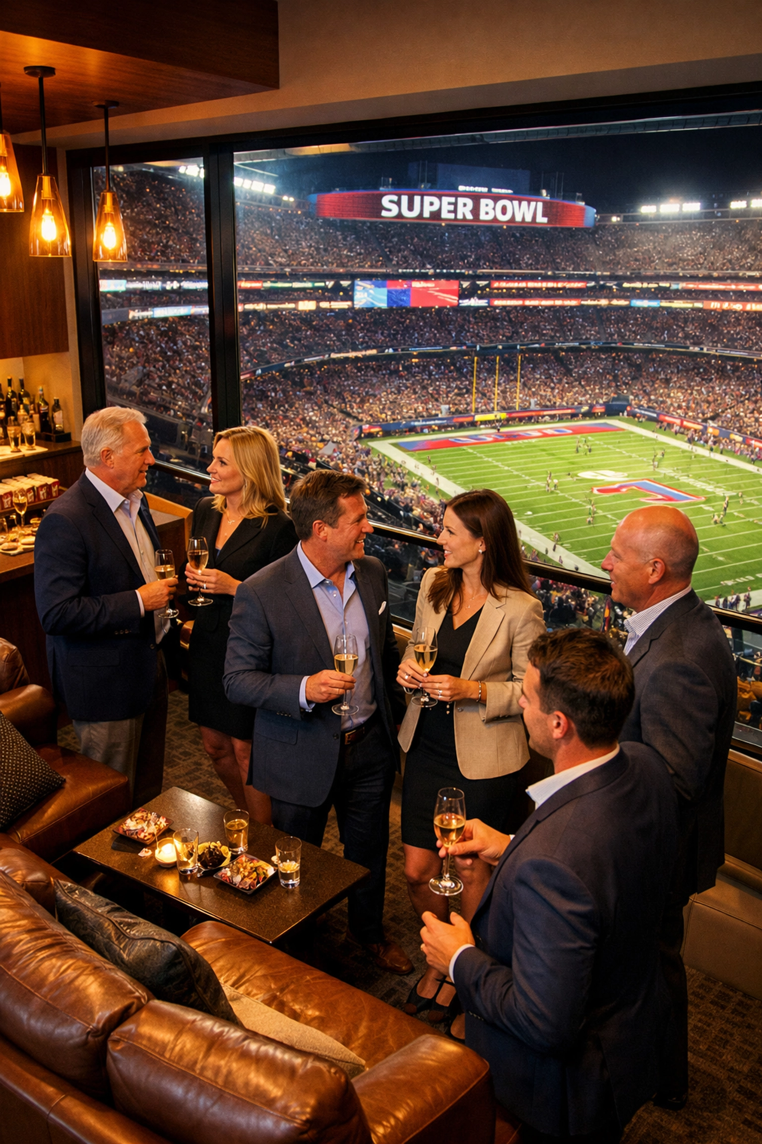 Luxury VIP suite at Super Bowl with executives networking and stadium field view