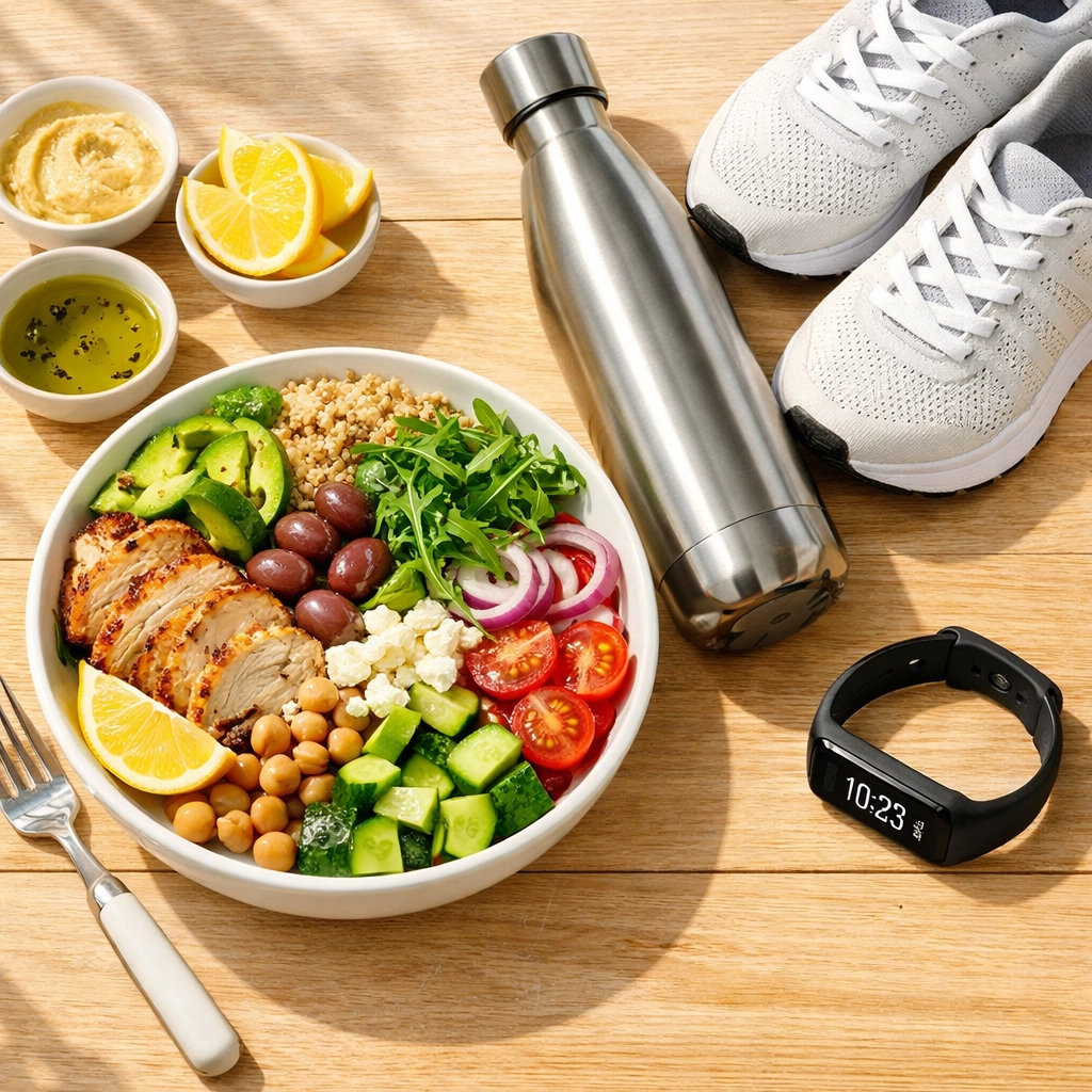 Healthy lifestyle essentials like a salad and running shoes to complement a Wegovy substitute program.