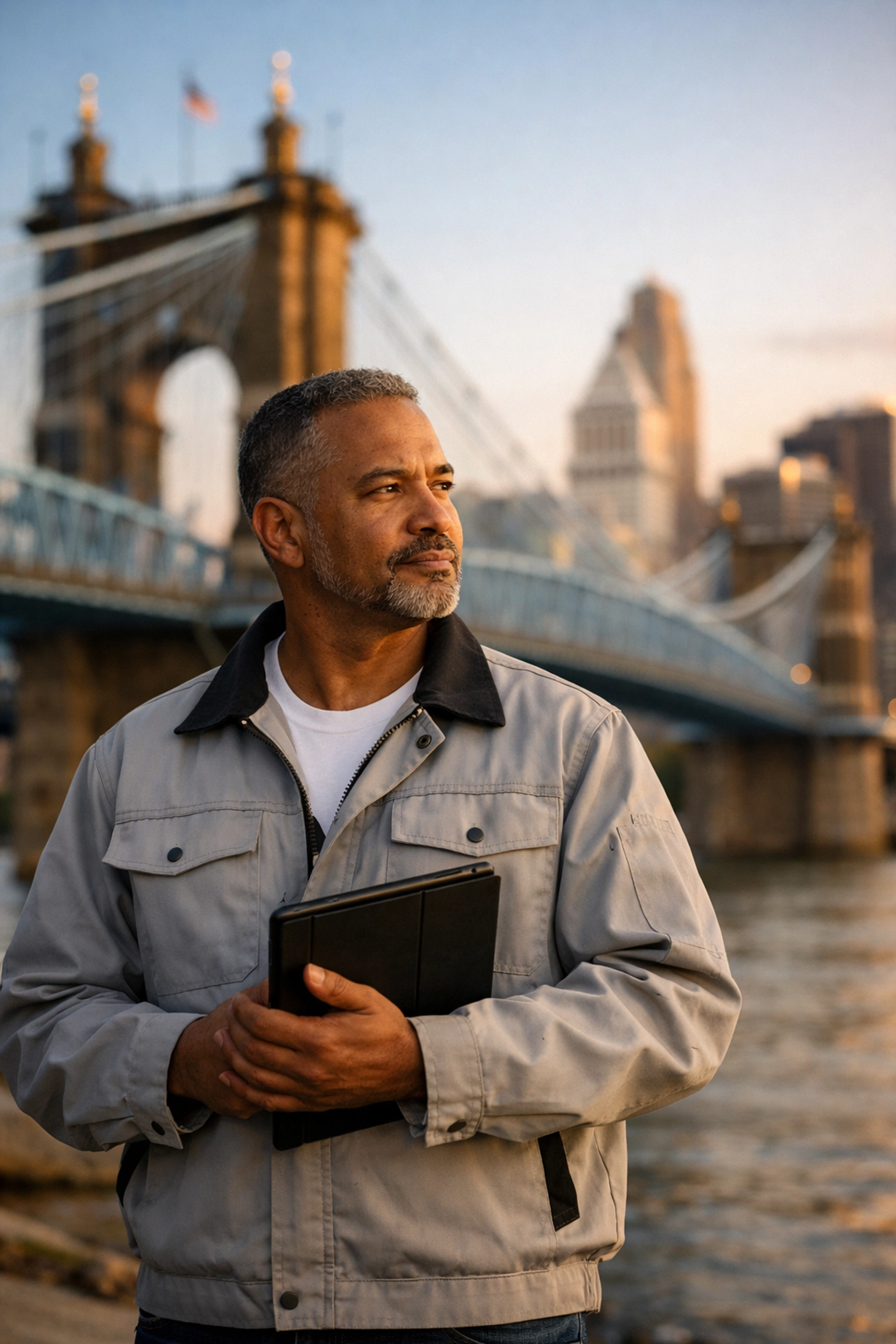Business owner at Roebling Bridge between Northern Kentucky and Cincinnati Ohio