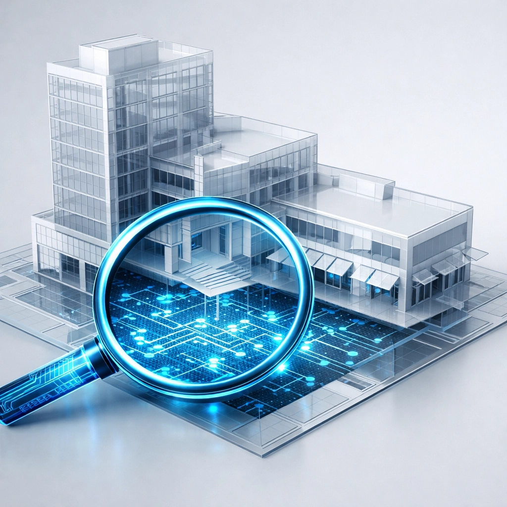 Magnifying glass over building model for due diligence and land-use rights in Vietnam M&A legal advice.