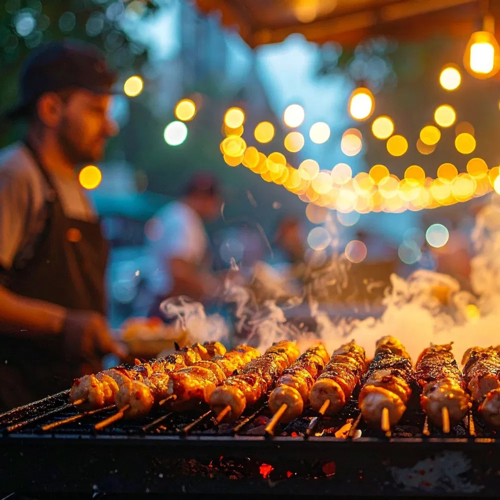 Close-up of skewered meats cooking on a charcoal grill at dusk, capturing the vibrant, multicultural street food atmosphere at Beautiful World Festival.