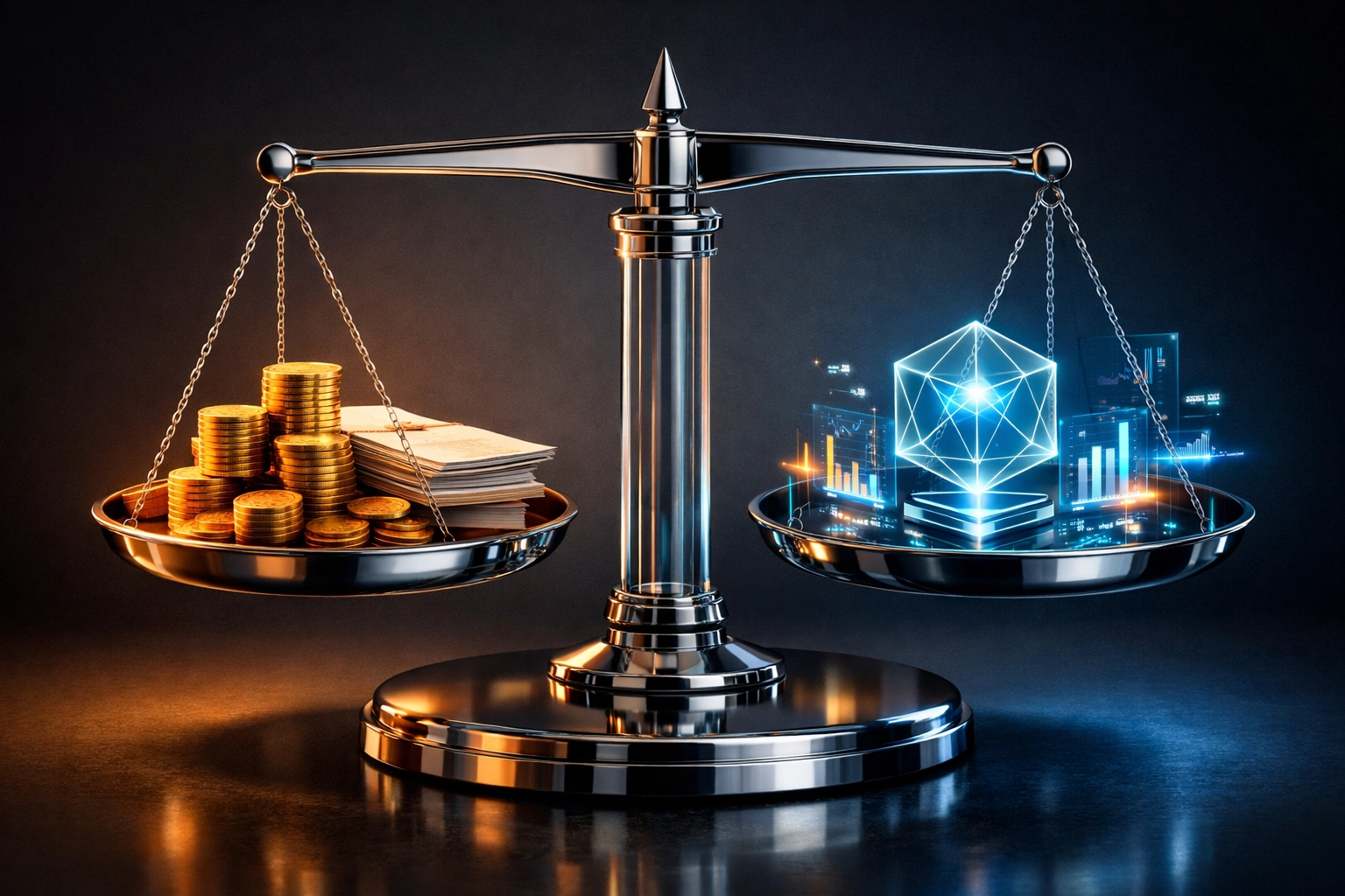 Balance scale comparing traditional assets with digital investments like Bitcoin and tokenized assets